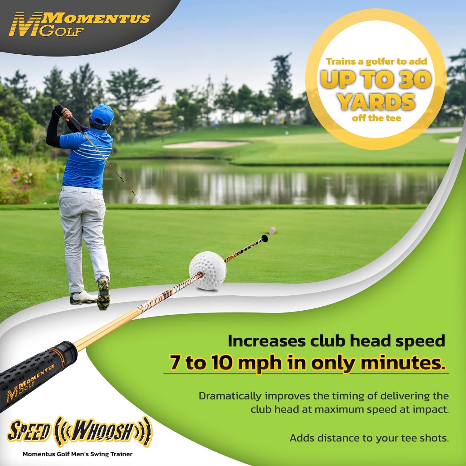 Momentus Speed Whoosh Golf Swing Trainer – Golf Swing Speed Trainer with Magnetic Sliding Timing Ball – Premium Swing Trainer Aid to Increase Golf