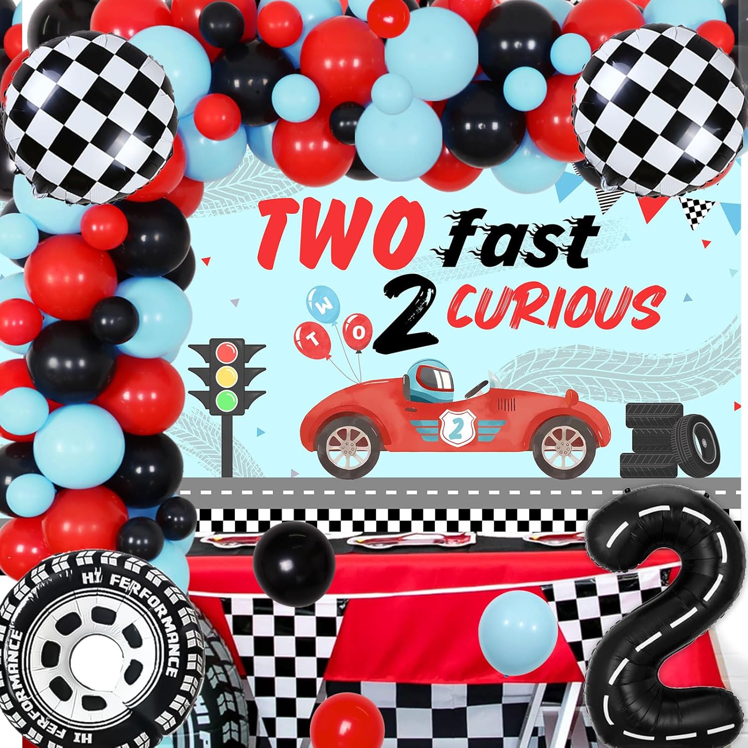 Two Fast Two Curious – Decoraciones de cumpleaños para niño, decoración de segundo cumpleaños de coche de carreras, retro, rojo, negro, azul, arco