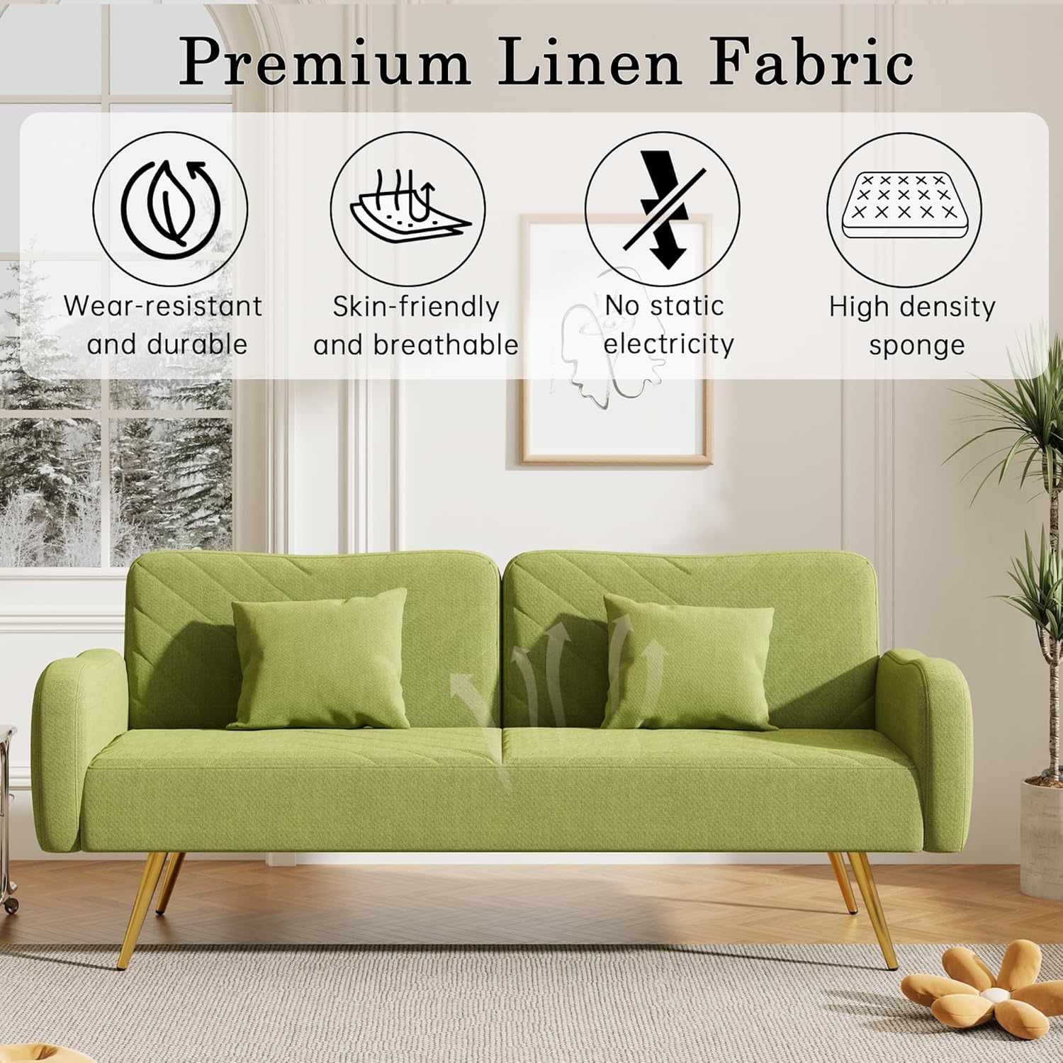 Sofá biplaza verde de 70 pulgadas, sofá cama moderno de mediados de siglo con respaldo dividido y dos almohadas, sofá cama convertible para sala de