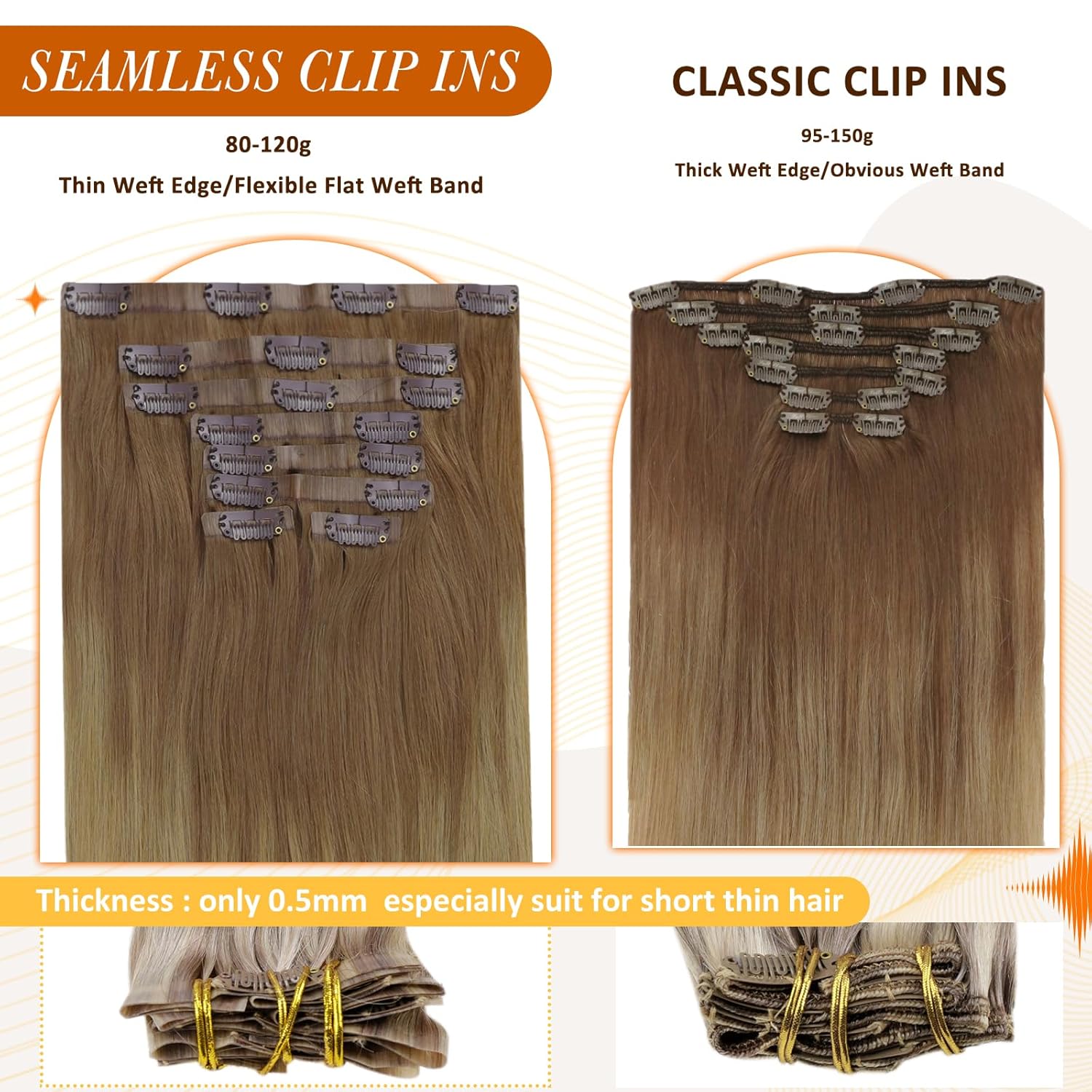 Full Shine Extensiones de cabello marrón degradado de color marrón claro a rubio, extensiones de cabello con clip sin costuras con trama de