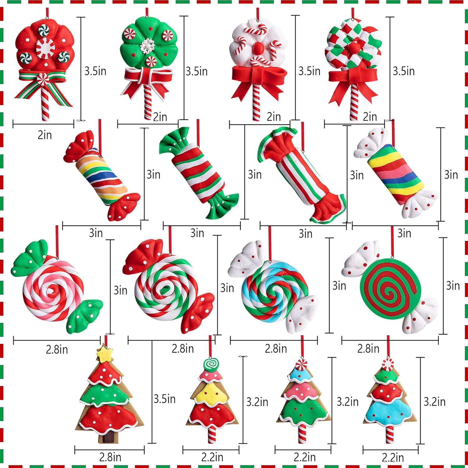 16 adornos de piruleta de Navidad, adornos colgantes de caramelo para árbol de Navidad, adornos de arcilla polimérica para decoración de fiesta de