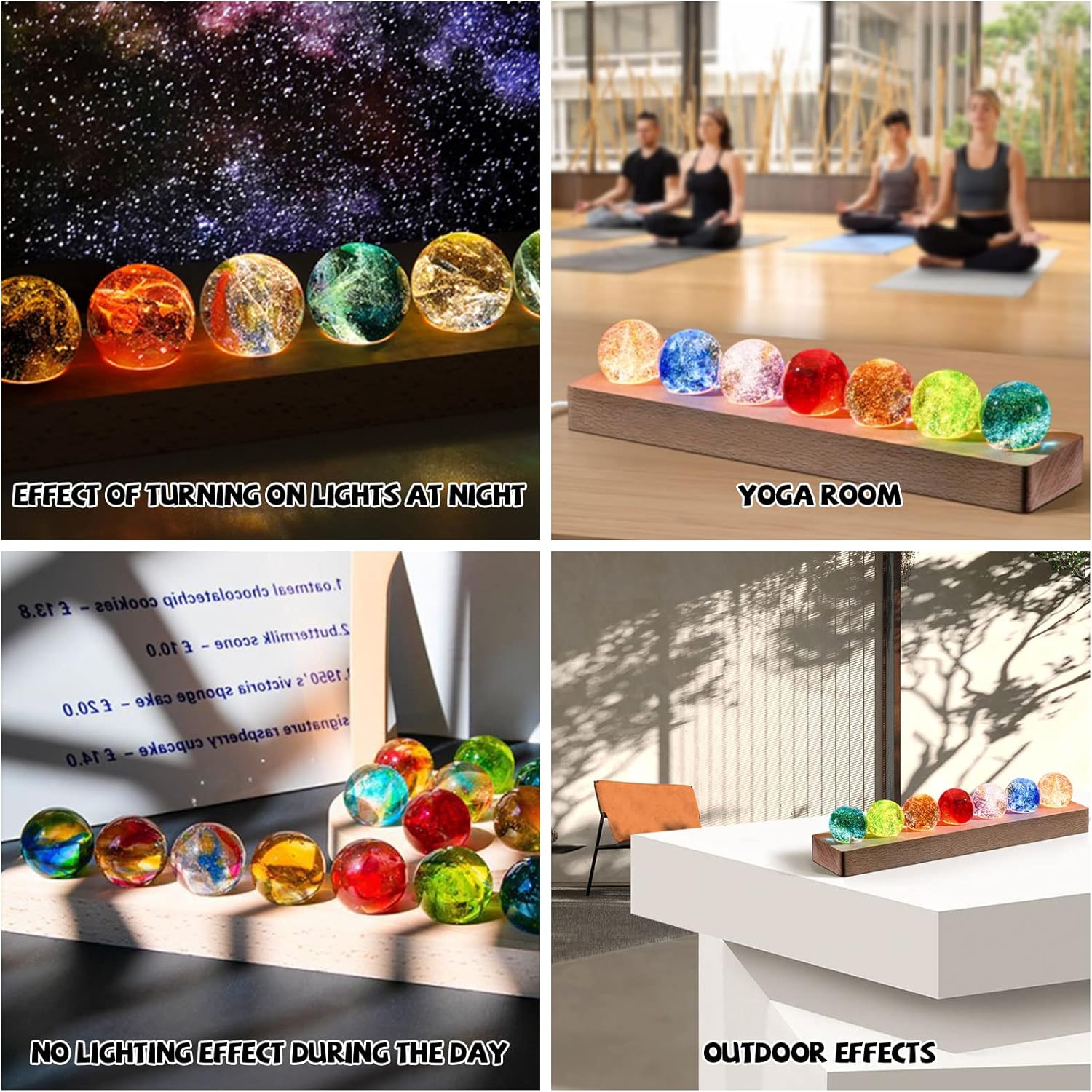 Bola de cristal con base de luces LED de madera, luz nocturna de cristal colorida, 7 bolas de cristal, luces USB decorativas, mesa USB, lámpara de