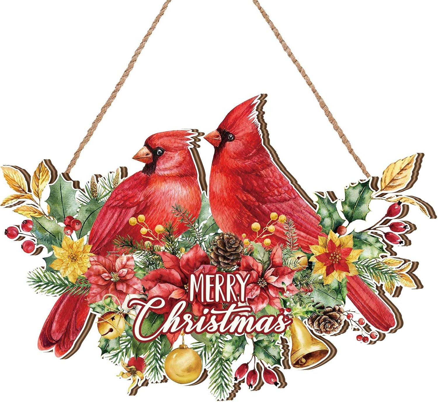 Bencailor Decoración de puerta de Navidad, diseño de pájaros cardenales, letrero de bienvenida de madera para puerta delantera, letrero colgante de