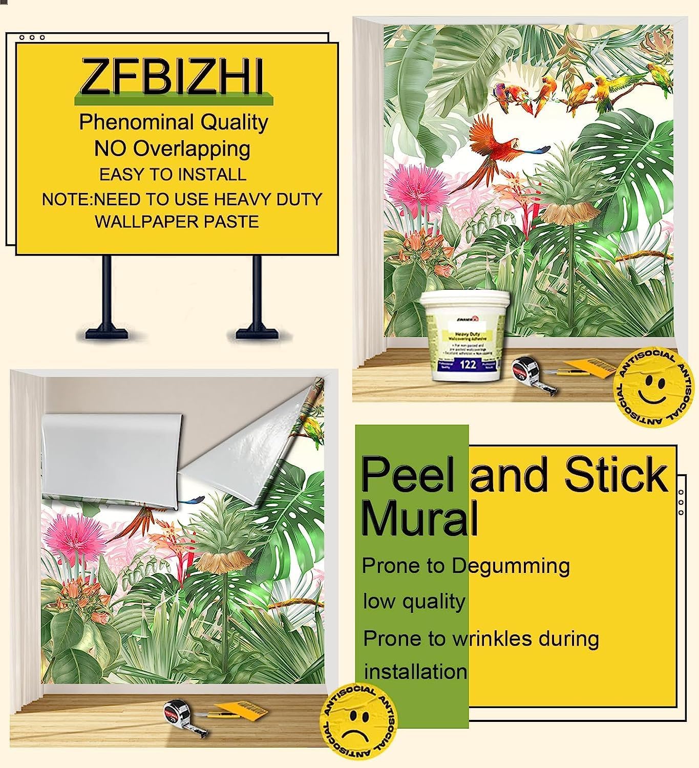 ZFBIZHI Papel tapiz tropical con hojas de plátano, Monstera y pájaro, para sala de estar, dormitorio, baño, oficina (no se pega ni se pega)