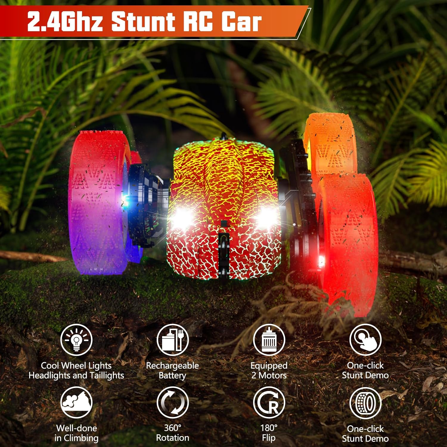Autos de acrobacias a control remoto de 82.4 F, camión RC recargable 4WD con faros, luces de rueda, auto de juguete de acrobacias de 360 vueltas de