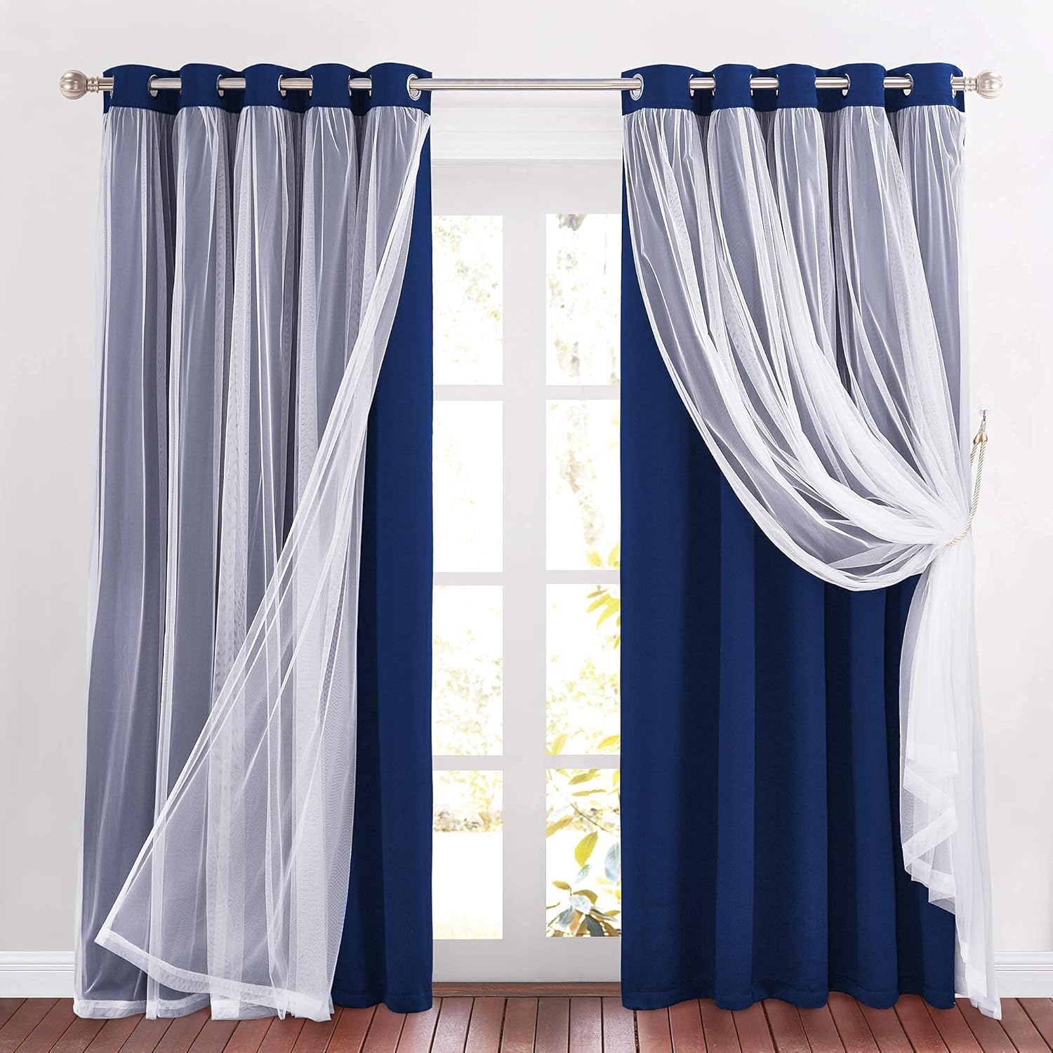 PONY DANCE Cortinas opacas azul marino, cortinas grandes de doble capa con elegancia transparente, cortinas para sala de estar, para mezclar y