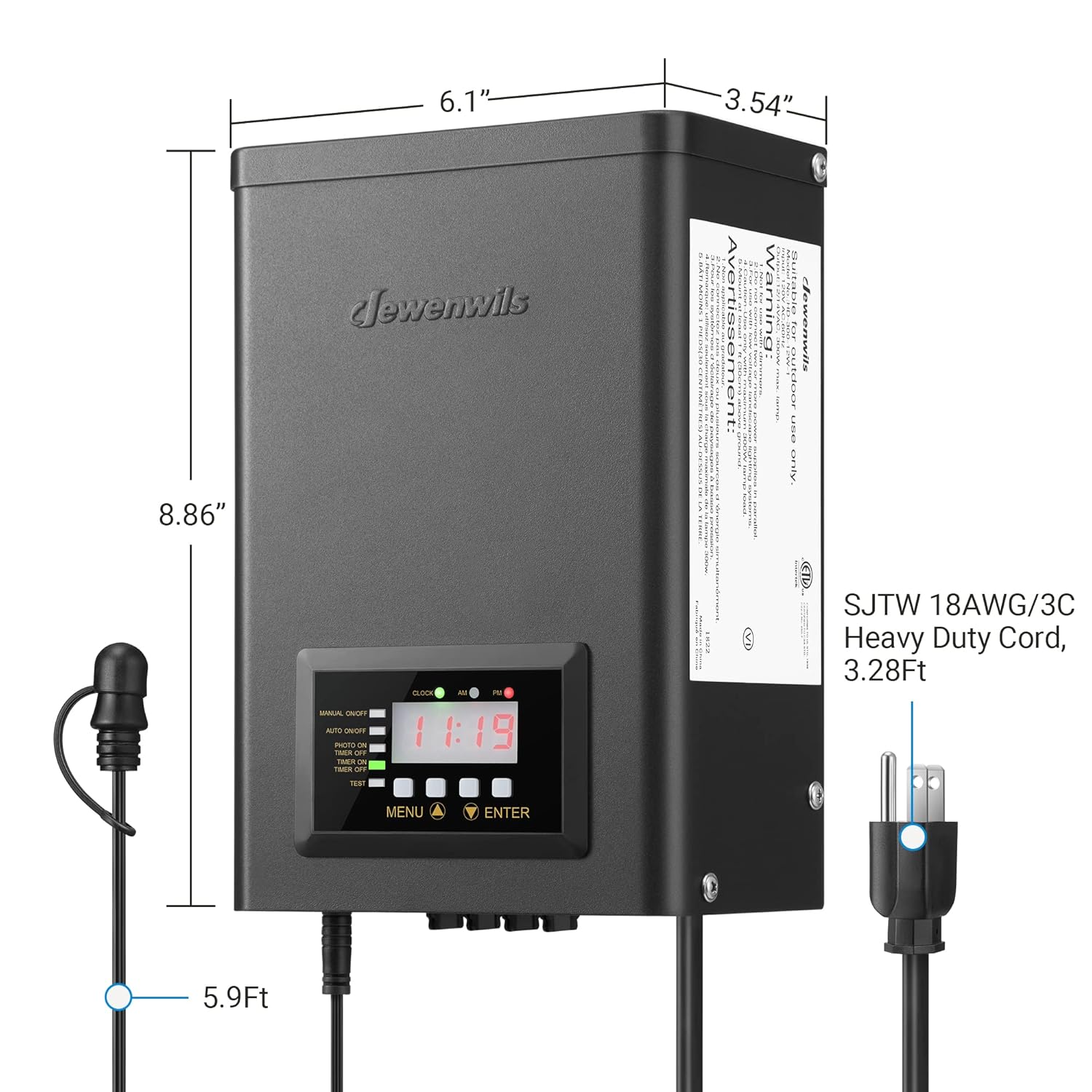 DEWENWILS Transformador digital de bajo voltaje de 300 W con temporizador, 120 V CA a 12 V14 V CA, transformador de iluminación de paisaje para
