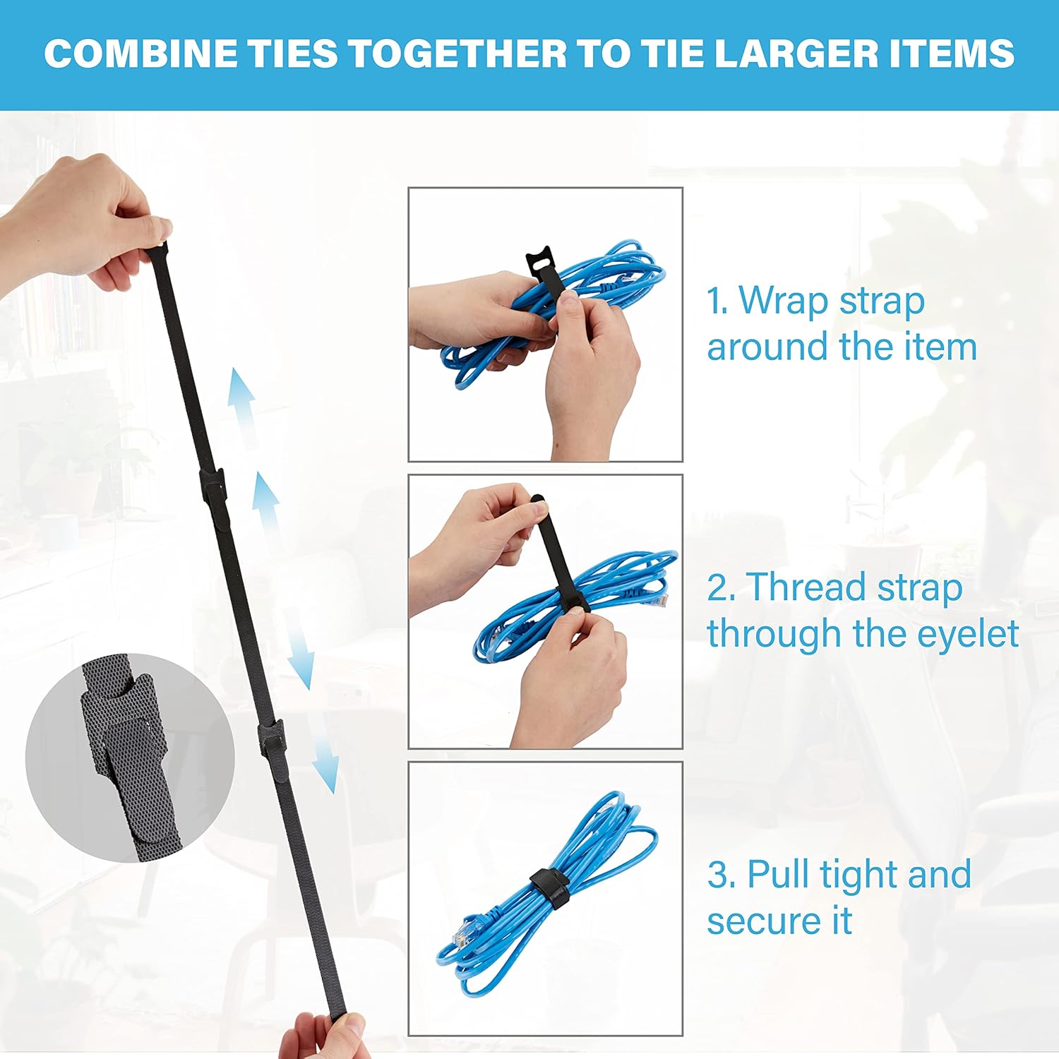 100 bridas reutilizables con gancho y bucle, correas ajustables multiusos de 8 pulgadas para organizar el hogar, la oficina y los centros de datos