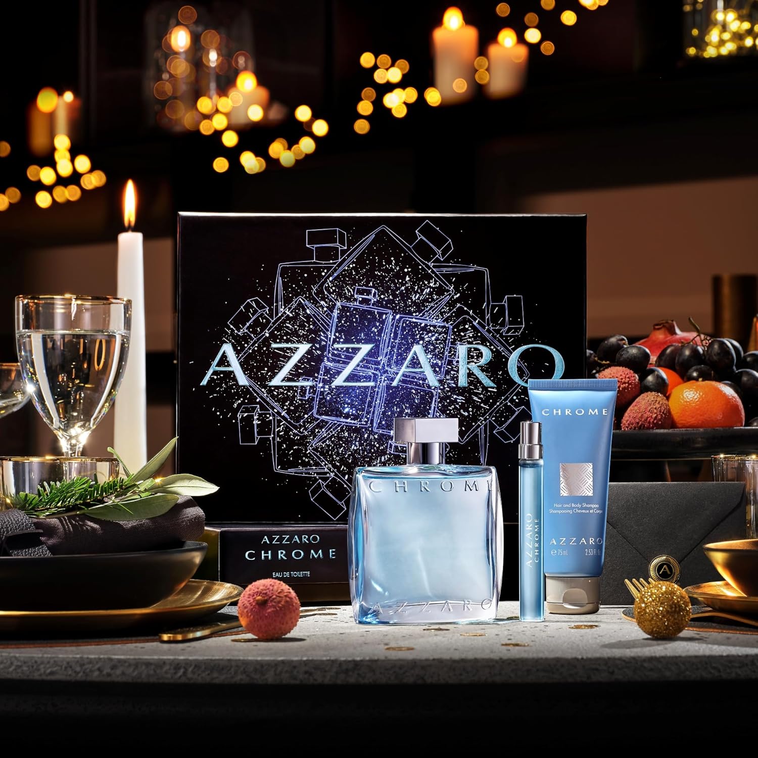 Azzaro Eau de Toilette cromado, juego de regalo de colonia fresca para hombre, juego de vacaciones de 3 piezas, incluye fragancias de tamaño