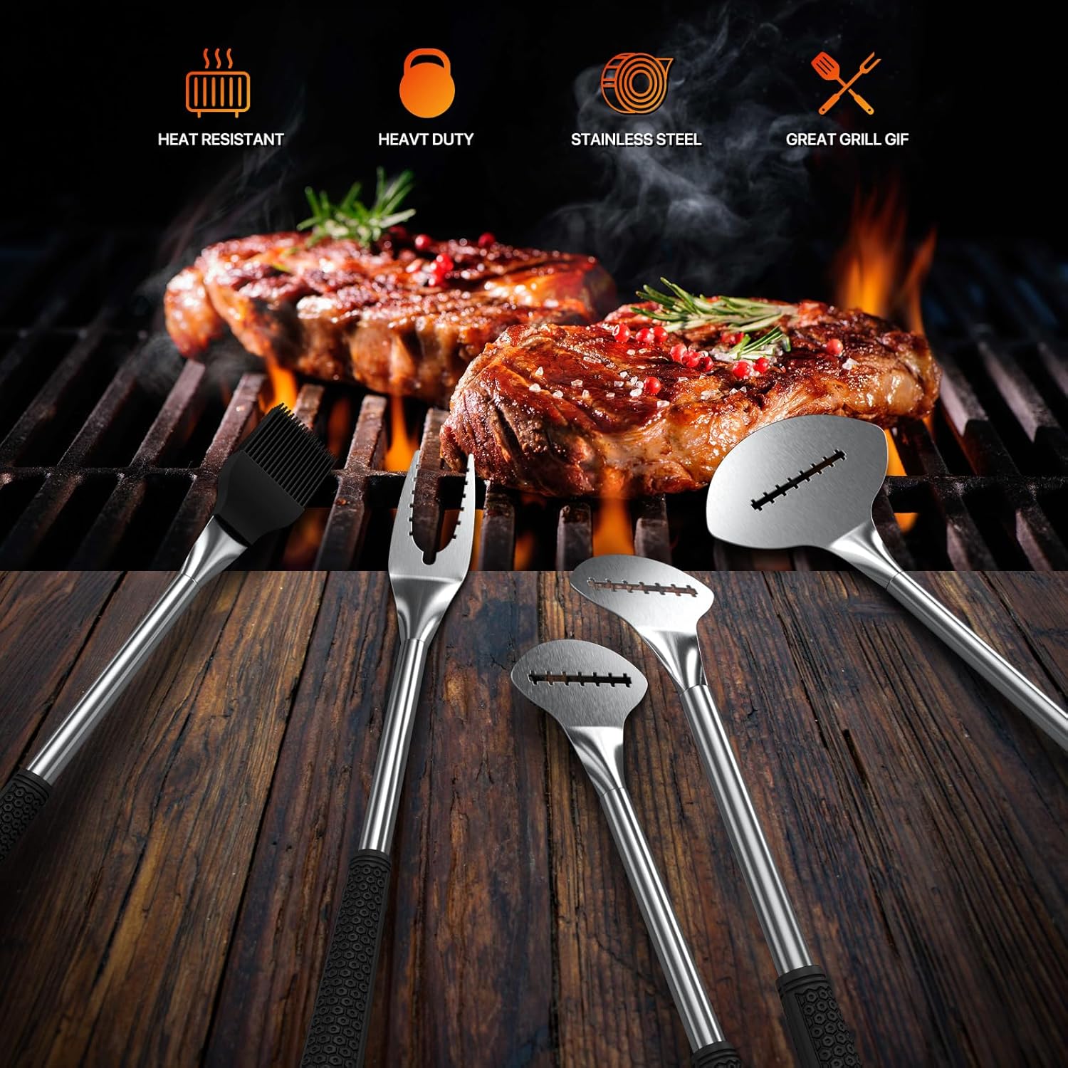Juego de 9 herramientas de barbacoa de acero inoxidable para Blackstone con termómetro, espátula, cubierta de hilvanado, bolsa de transporte para