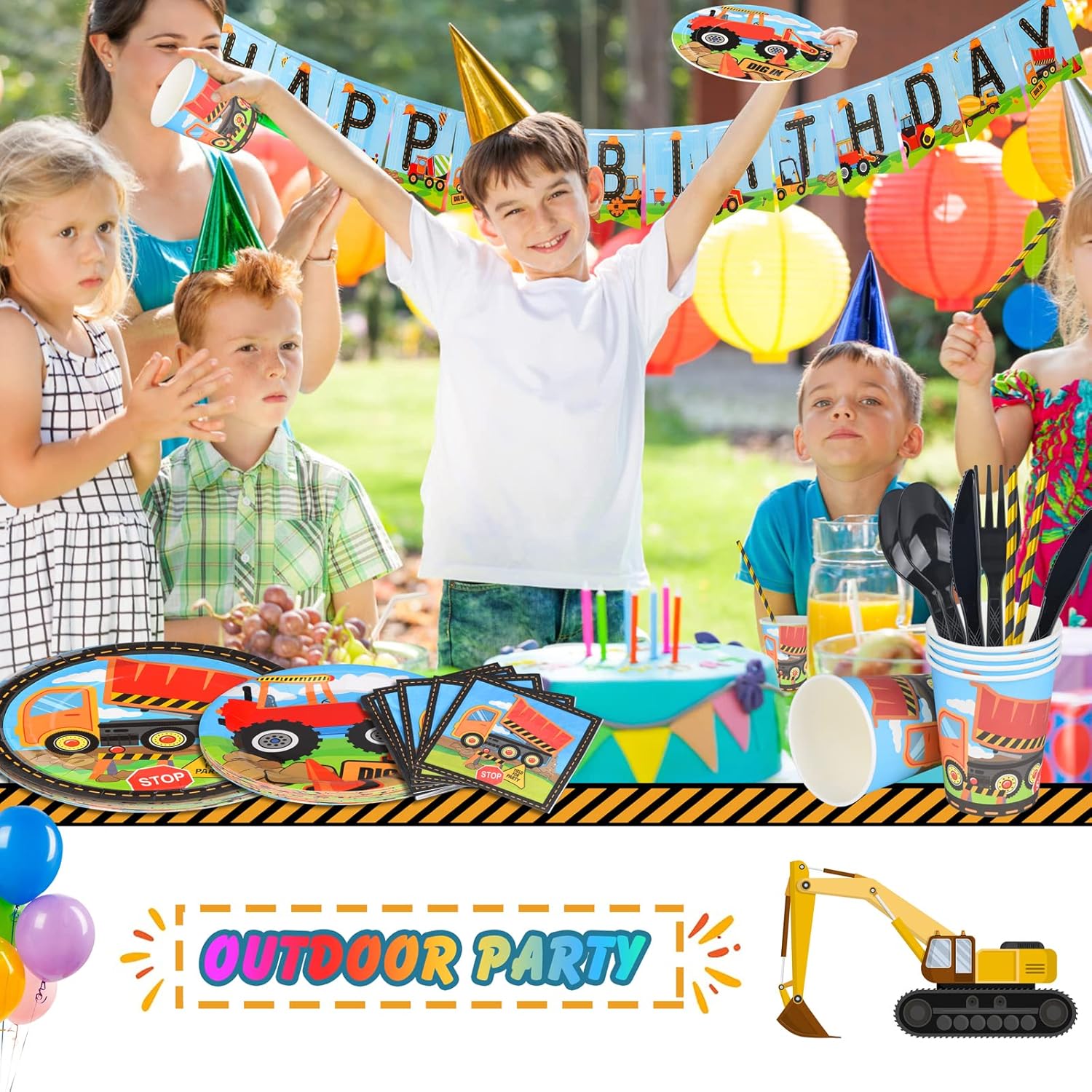 Juego de suministros para fiesta de cumpleaños de construcción, 170 piezas de decoraciones de cumpleaños de construcción para niños, incluye platos,