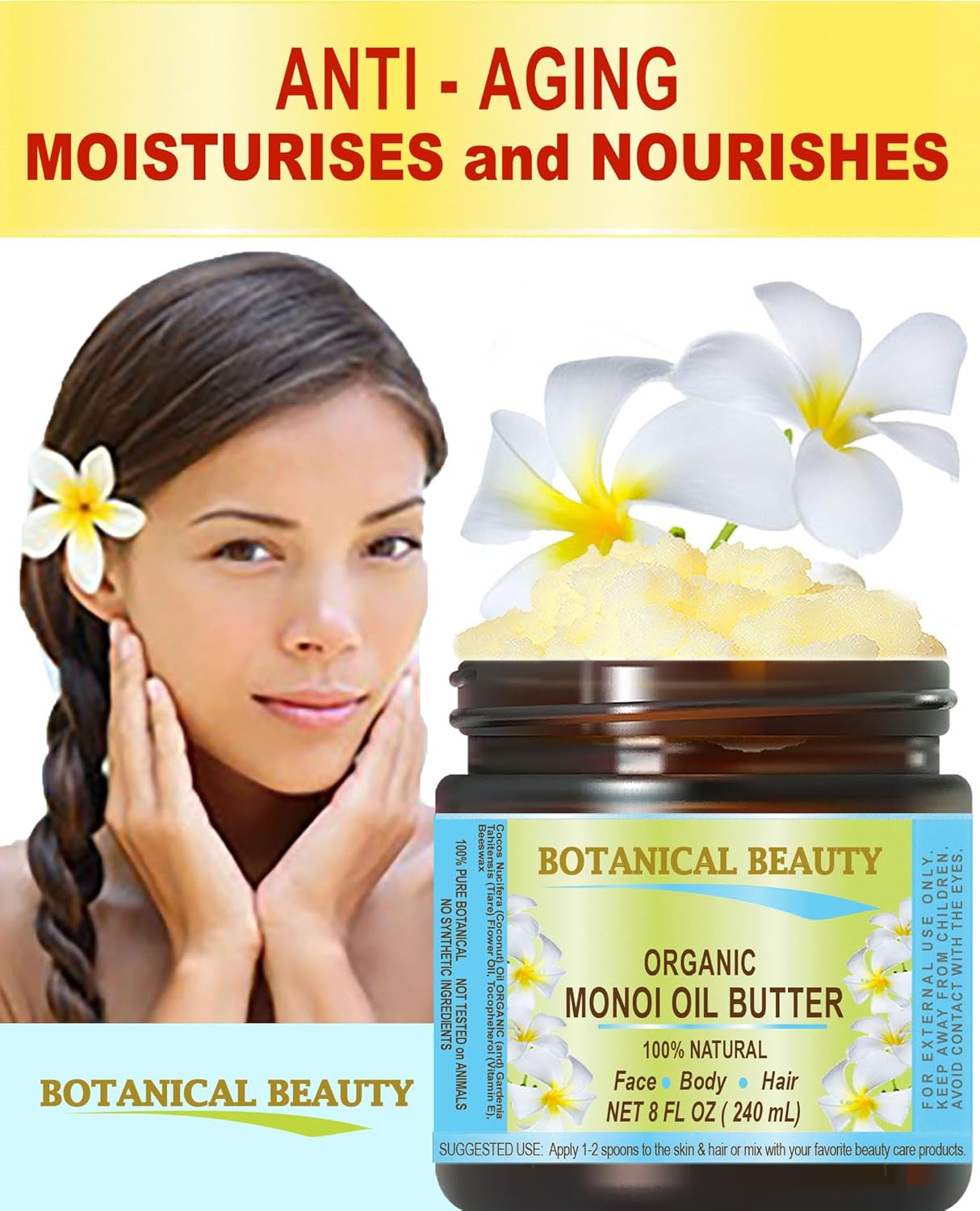 MANTECA DE ACEITE MONOI ORGÁNICO 100% Aroma Natural. 8 Fl.oz.- 8.1 fl oz. Para el cuidado de la piel, cara, cabello y uñas.