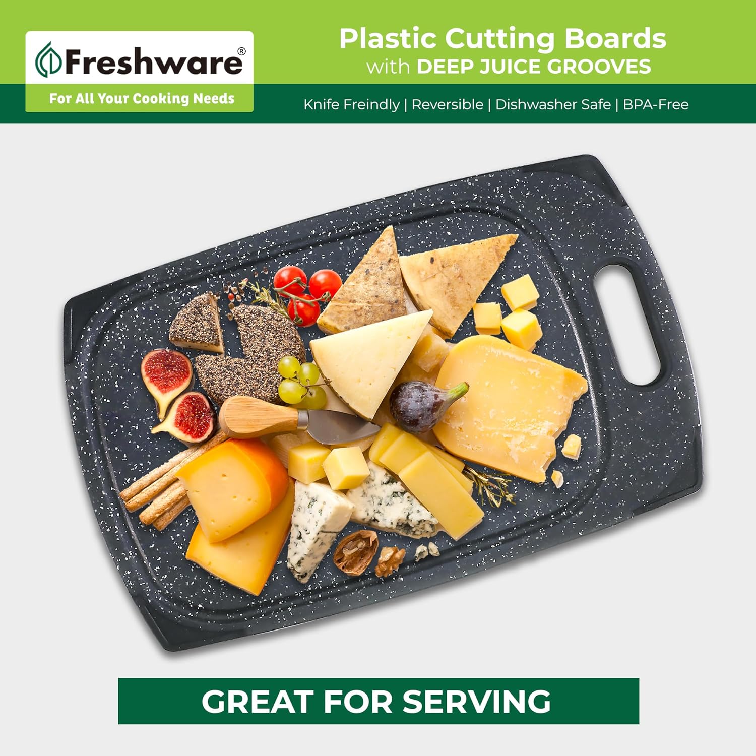 Juego de 3 tablas de cortar de plástico para cocina, ranuras para jugos con mango de fácil agarre, sin BPA, no porosas, aptas para lavavajillas,