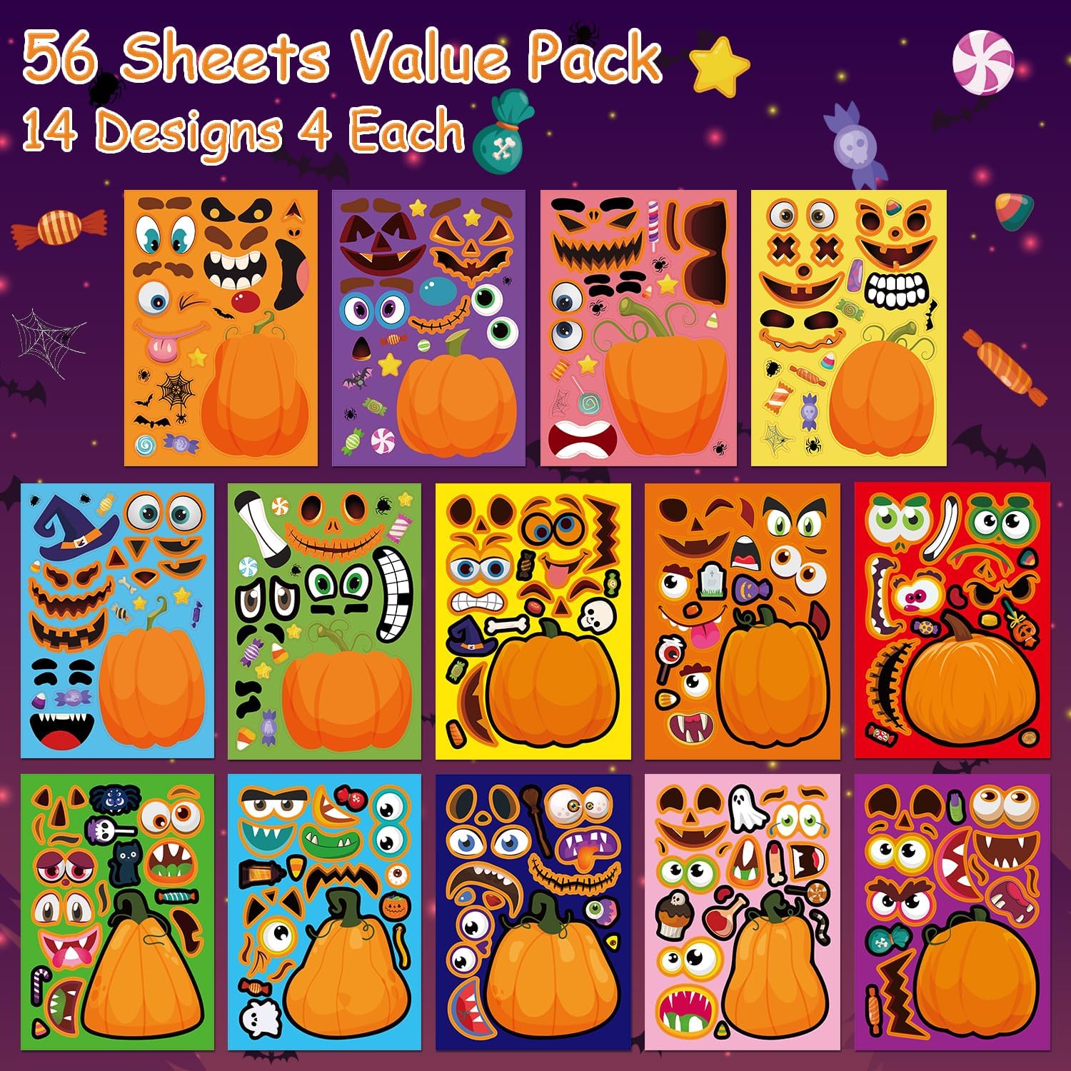 56 hojas de calcomanías de calabaza de Halloween para niños, 14 diseños diferentes de calabaza, divertidos recuerdos de fiesta de Halloween,