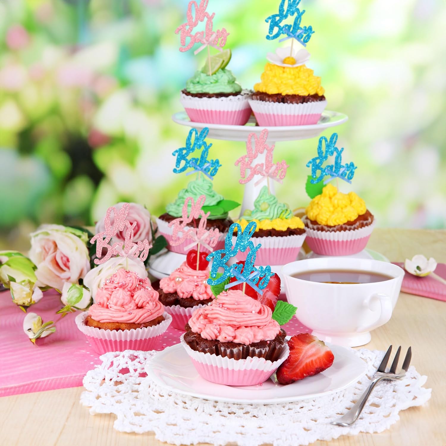 24 piezas Oh Baby Cupcake Toppers Glitter Baby Shower Cupcake Picks con lazo rosa y azul revelación de género decoraciones para cupcakes para niños