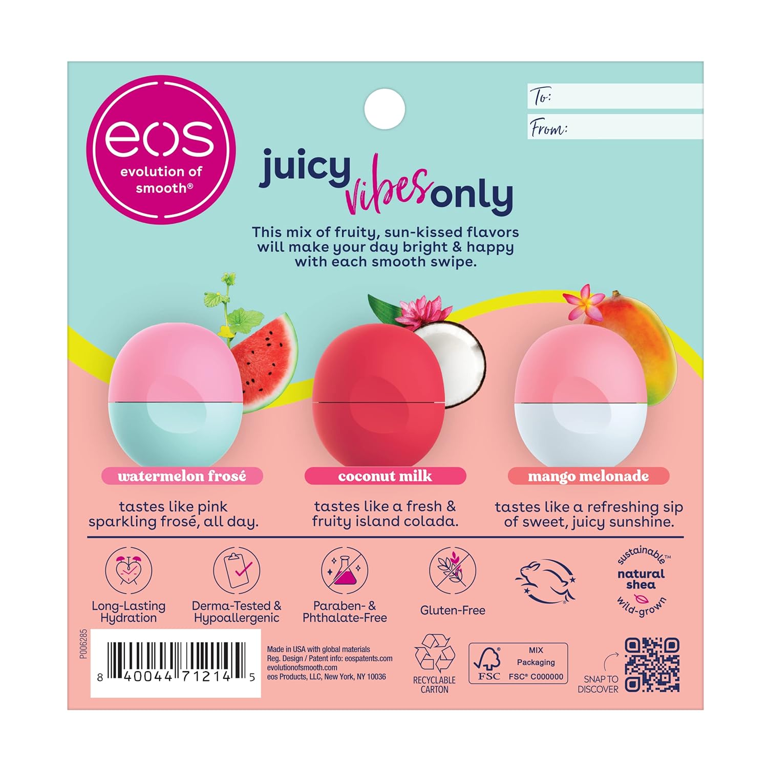 eos Juicy Vibes – Paquete variado de bálsamo labial sabores Sandía rosé, Melonada de mango y Leche de coco, humectan todo el día, productos para
