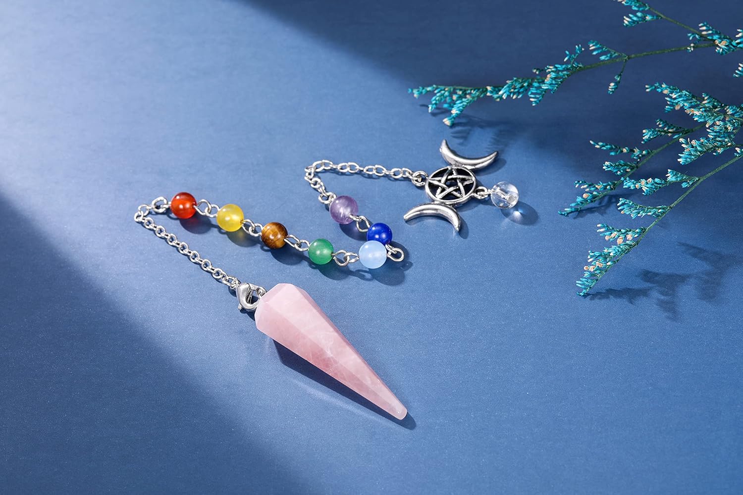 CrystaTears – Péndulo de cristal curativo de cuarzo rosa para adivinación, piedra de cristal hexagonal natural para chakras, péndulo de cuarzo,