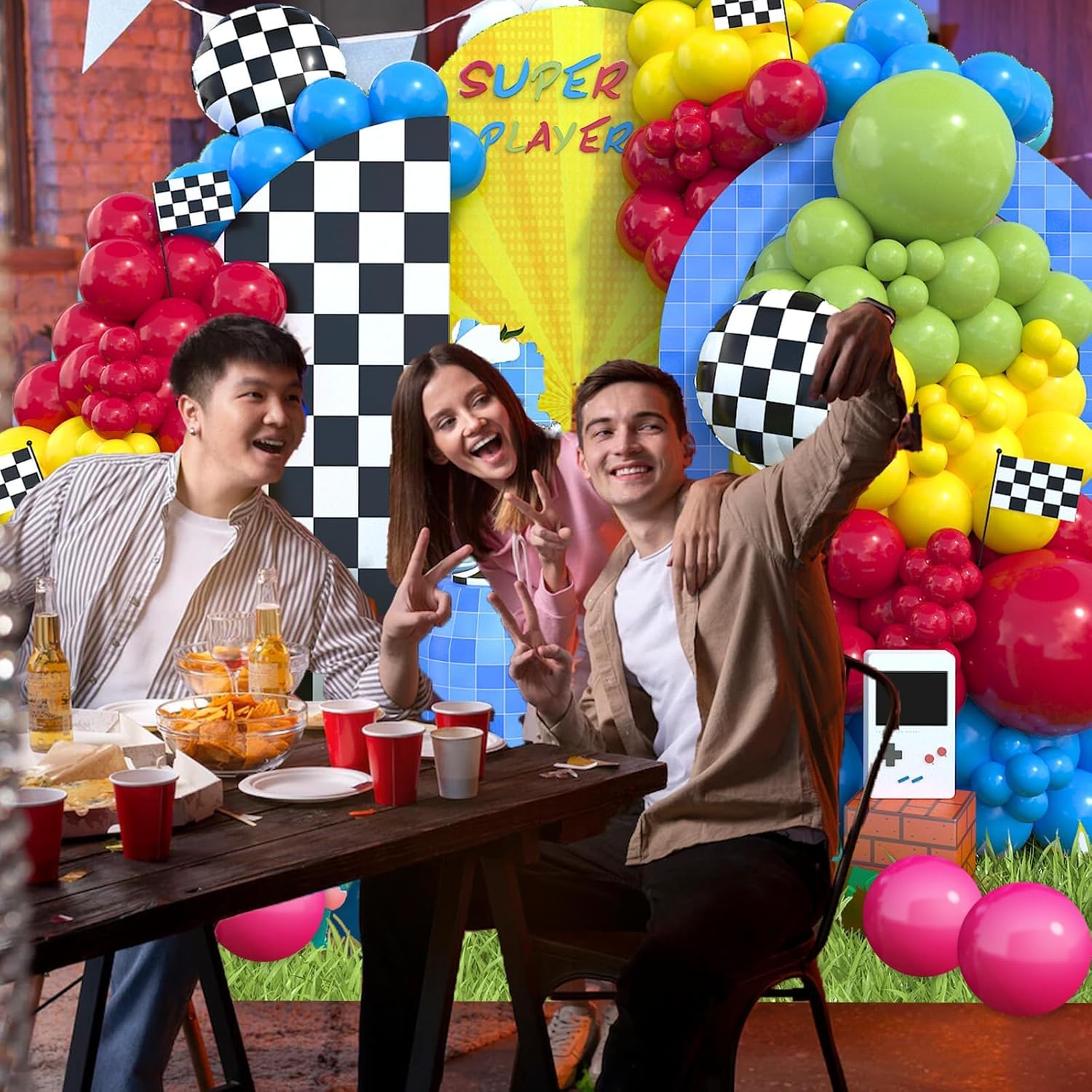 Kit de arco de globos, kit de guirnalda de globos rojo, azul, verde, amarillo, con cuadrícula negra y blanca de aluminio para decoraciones de