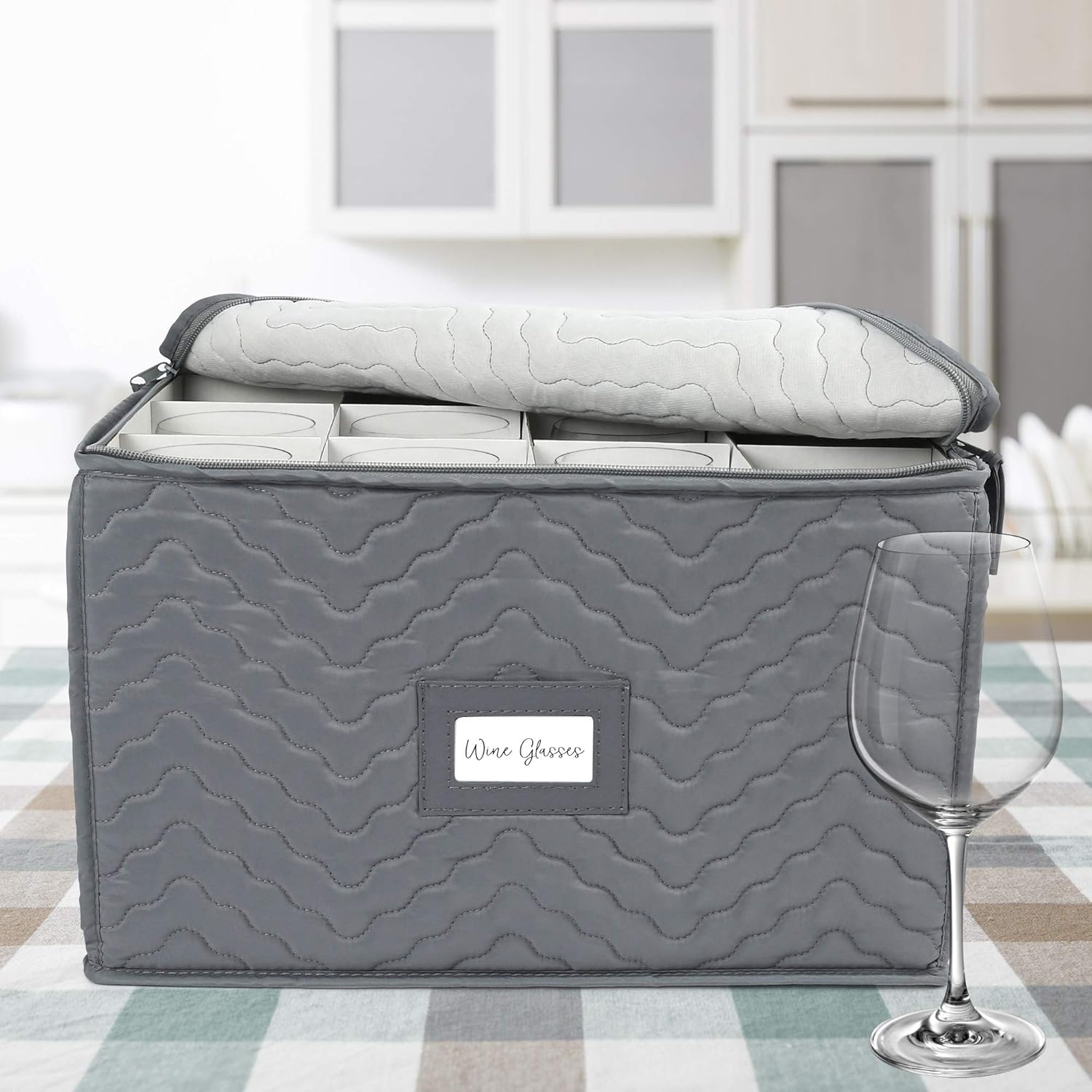 LotFancy Contenedores de almacenamiento para copas, paquete de 2, estuche de almacenamiento acolchado de lujo con divisores para 24 copas de vino,