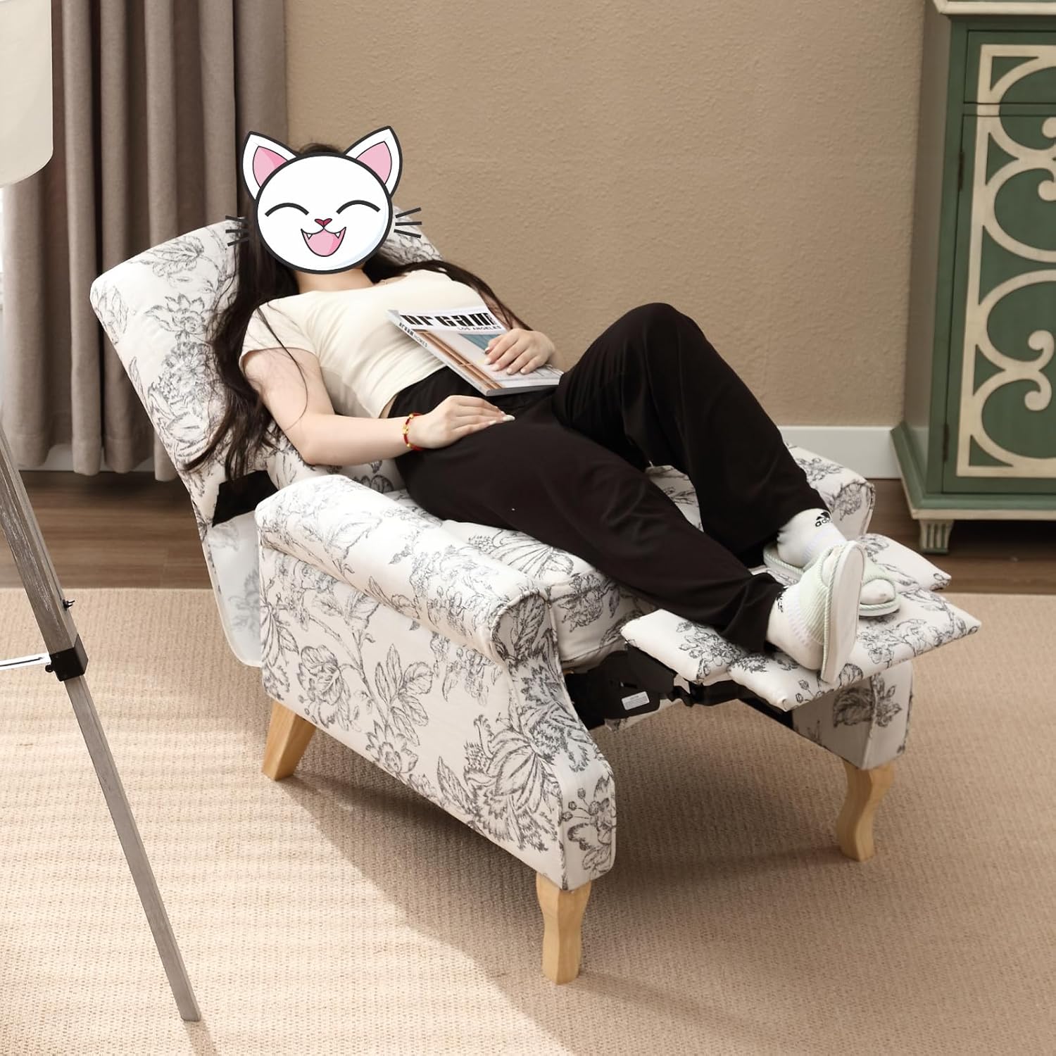 Silla reclinable con estampado floral para sala de estar, sofá individual tapizado con respaldo ajustable y reposapiés, moderna silla de descanso