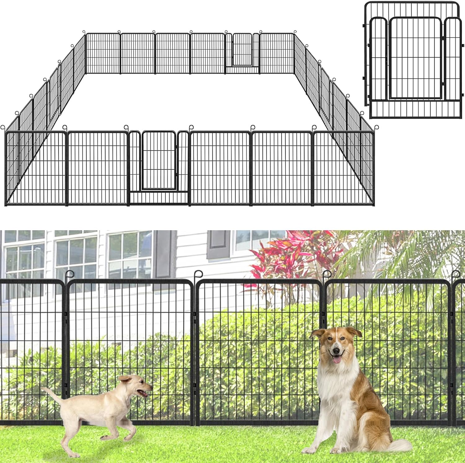 Valla decorativa de metal para jardín con puerta, 32 pulgadas de alto x 64 pies de largo, valla sin excavación, 24 paneles para perros, valla de