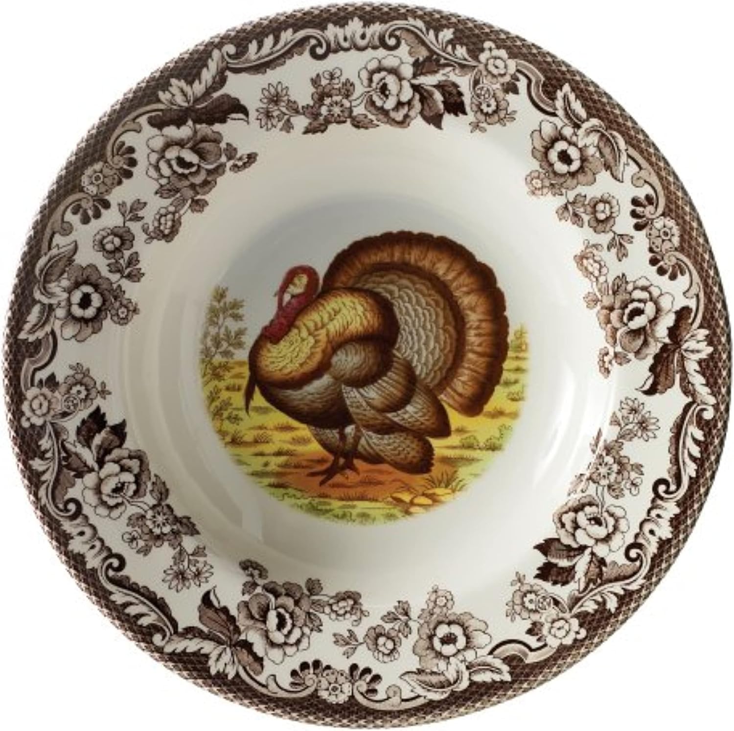 Spode Woodland – Tazón de sopa de 9 pulgadas, juego de 4, tazón grande con motivo de pavo, pasta y ensaladera para Acción de Gracias, hecho de loza