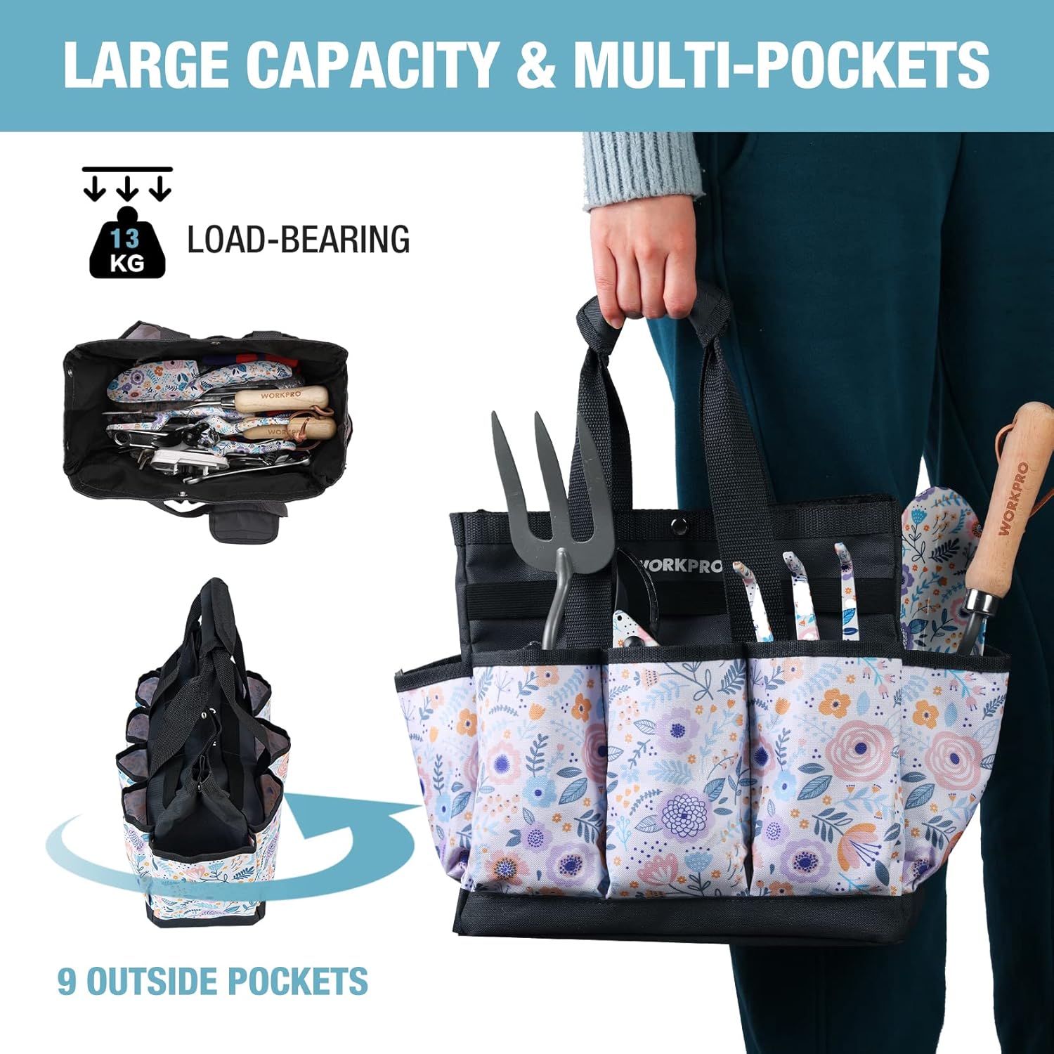 WORKPRO Bolsa de herramientas de jardín, 9 bolsillos, bolsa de almacenamiento de herramientas de jardín Oxford resistente, soporte para kit de