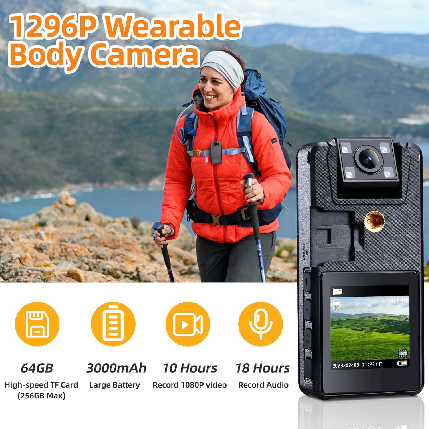Hoestr Cámara corporal de 64 GB, cámara corporal 1296P (2500 mAh) con visión nocturna IR, lente giratoria de 180 y 3 clips resistentes, videocámara