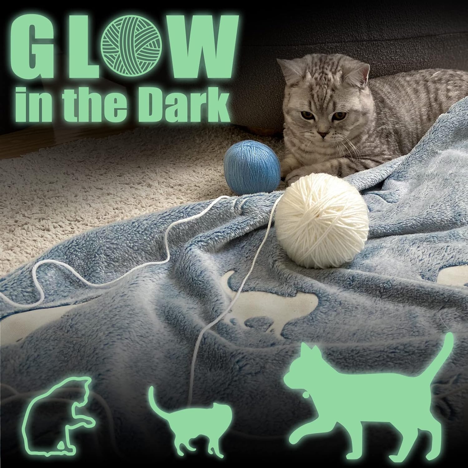 jinchan Manta que brilla en la oscuridad, con patrón de gato de 40 x 60 pulgadas, manta de forro polar suave para decoración de sofá, cama,