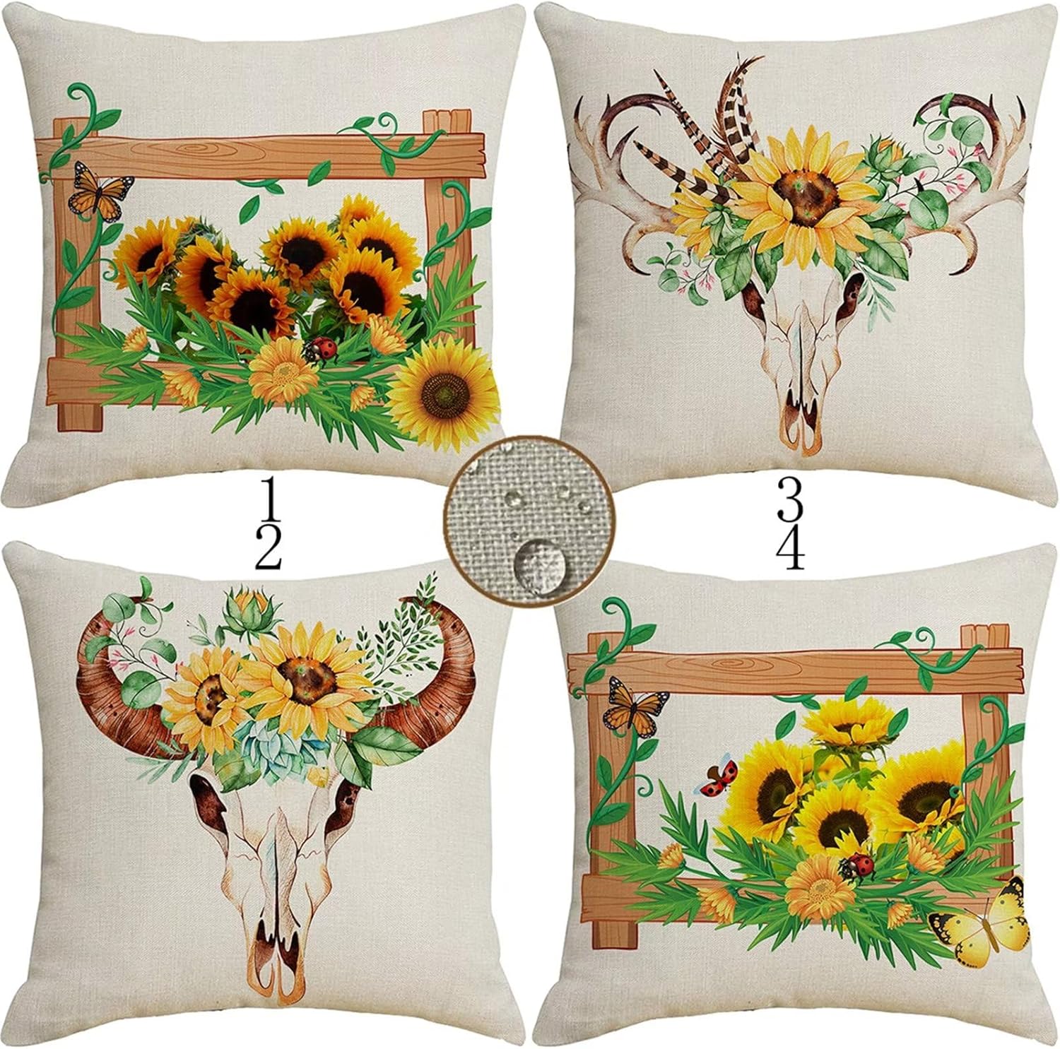 Juego de 4 fundas de almohada para exteriores, impermeables, para otoño, de 32 x 32 pulgadas, decoración de granja, fundas decorativas de lino,