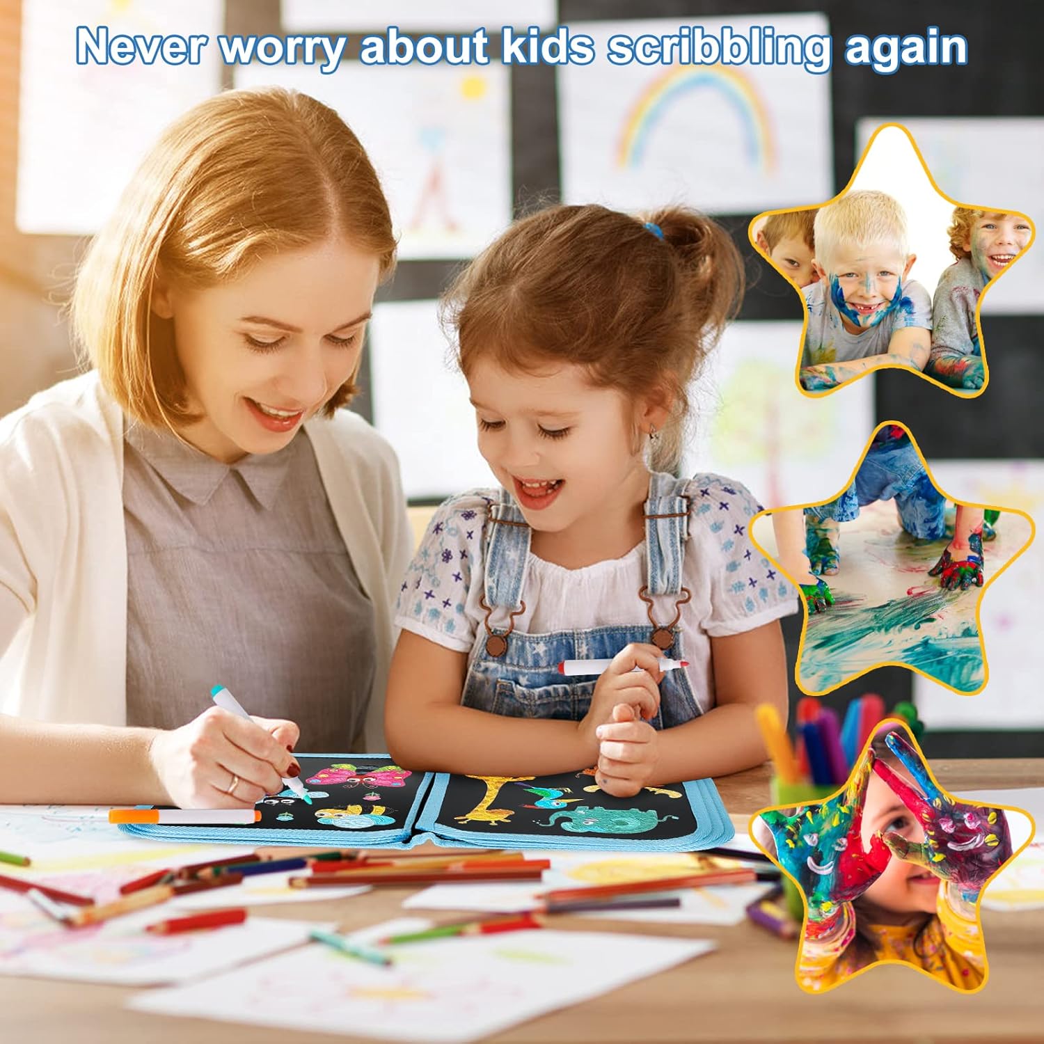 Qrytoi Juego de garabatos de libro borrable para niños, libro de dibujo mágico para niños, libro de dibujo reutilizable, 12 bolígrafos de acuarela,