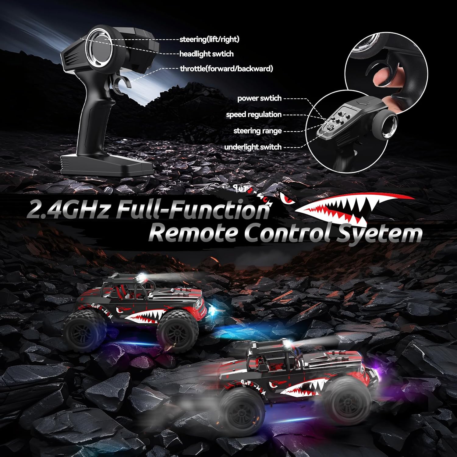 DEERC Autos RC rápidos 114 con luces LED coloridas, auto de control remoto de tiburón de alta velocidad de 40 KMH, 4 x 4 RTR todo terreno,