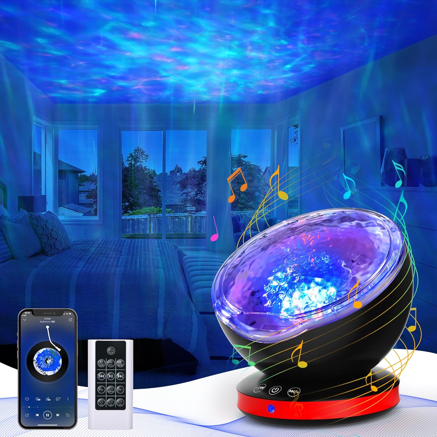 Proyector de ondas oceánicas, proyector de ondas de luz nocturna para habitación de niños, control remoto y temporizador, lámpara de luz LED de 8