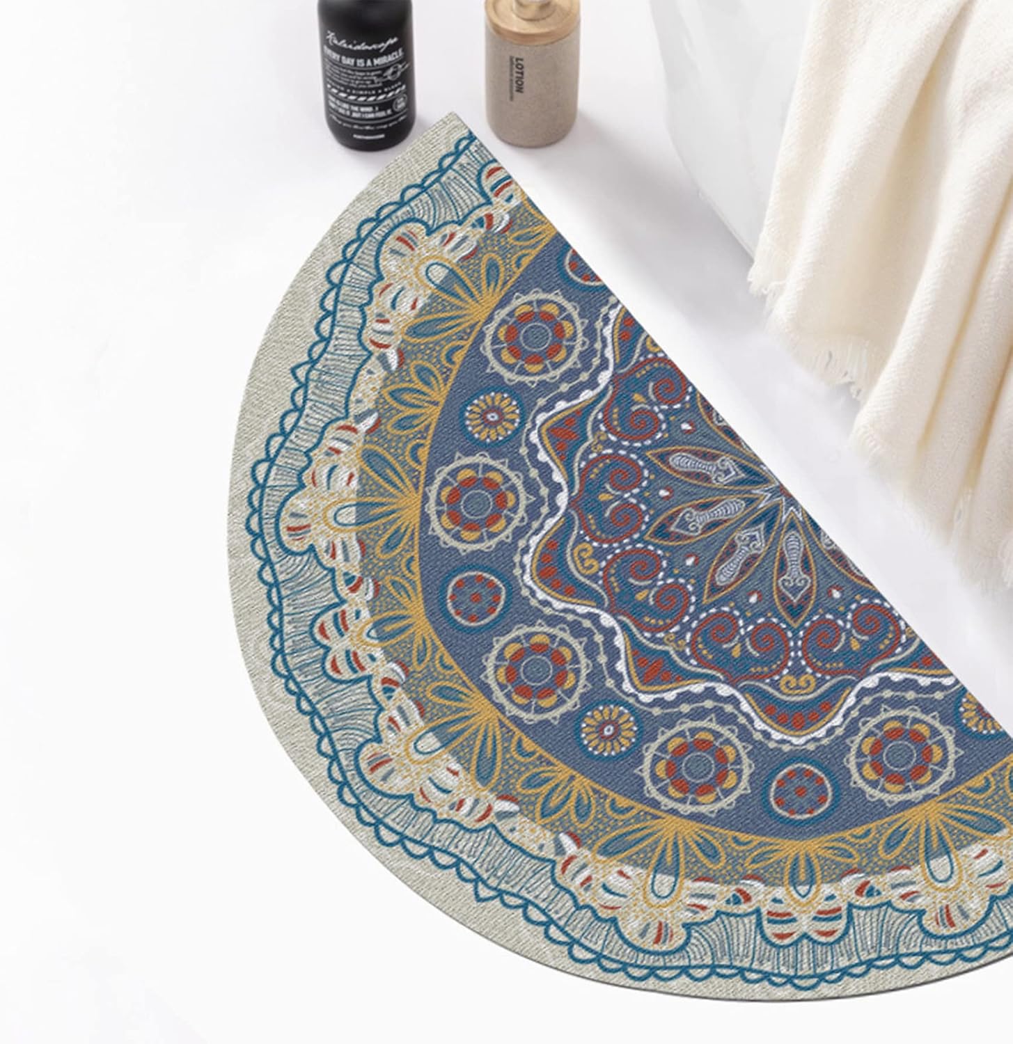 Tapete de baño delgado absorbente semicírculo, bohemio, bohemio, lavable a máquina, de secado rápido, multicolor, 24 x 36 pulgadas