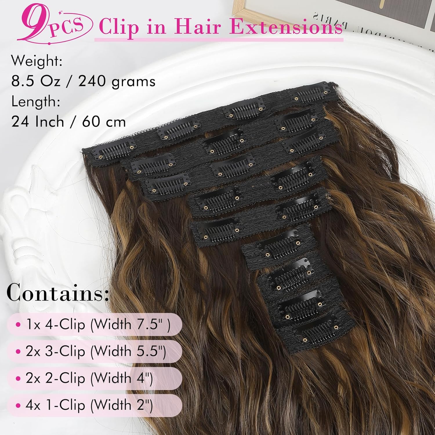 REECHO HYOUITSU HE009 – 9 extensiones de cabello con clip, 24 pulgadas de grosor, largo, largo, con ondas de sirena, lujosas, ligeras, tecnología