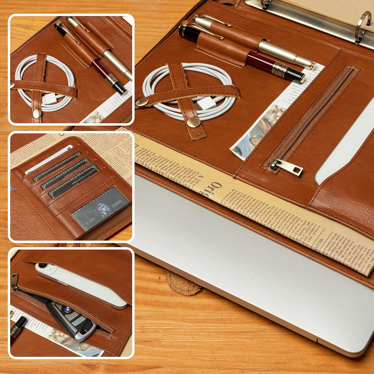 YIWEN Cartera de cuero genuino hecha a mano, con cremallera y carpeta de 3 anillos, organizador profesional de negocios, carpeta de currículum,