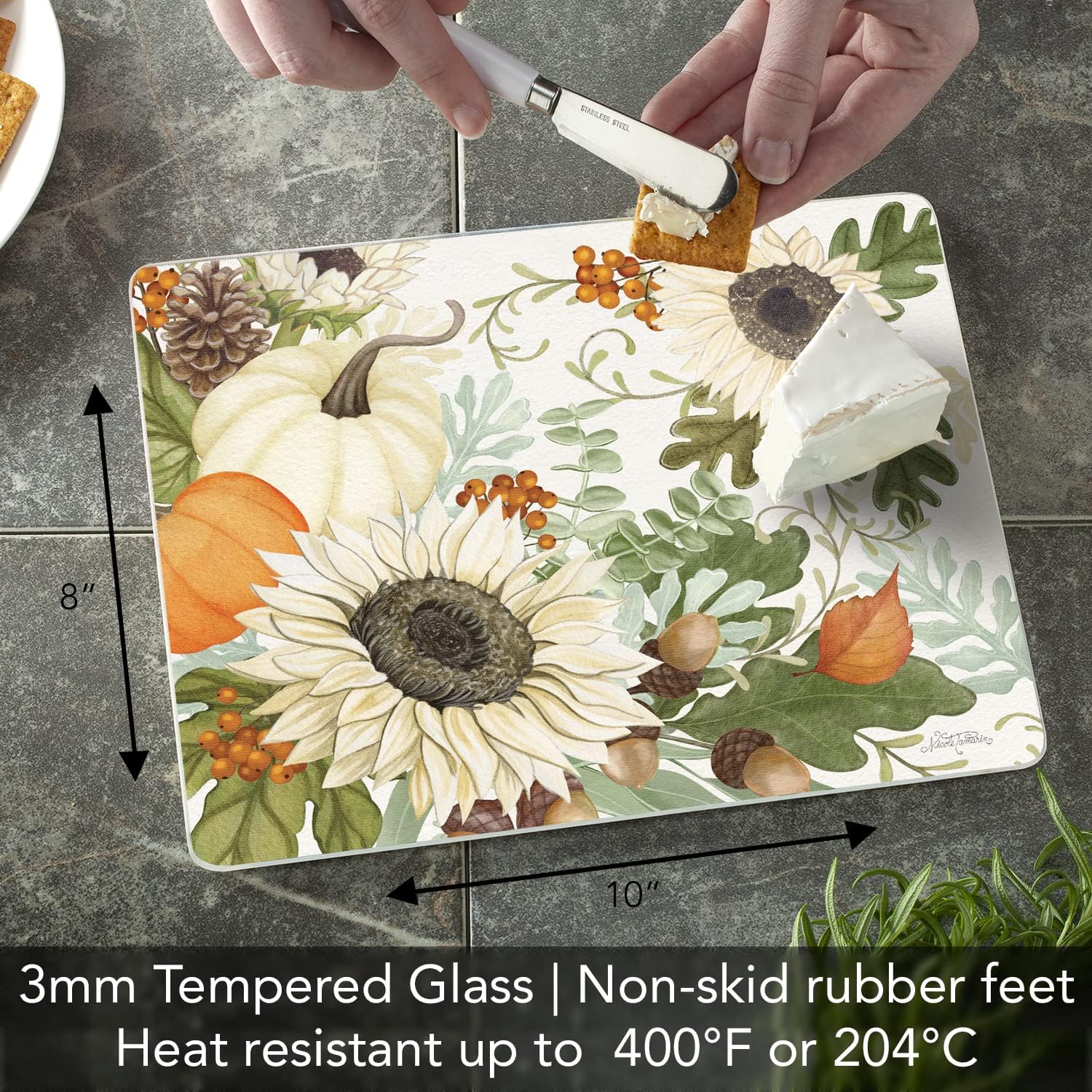 CounterArt Tabla de cortar de vidrio templado resistente al calor decorativa para otoño de 10 x 8 pulgadas, fabricada en los Estados Unidos apta