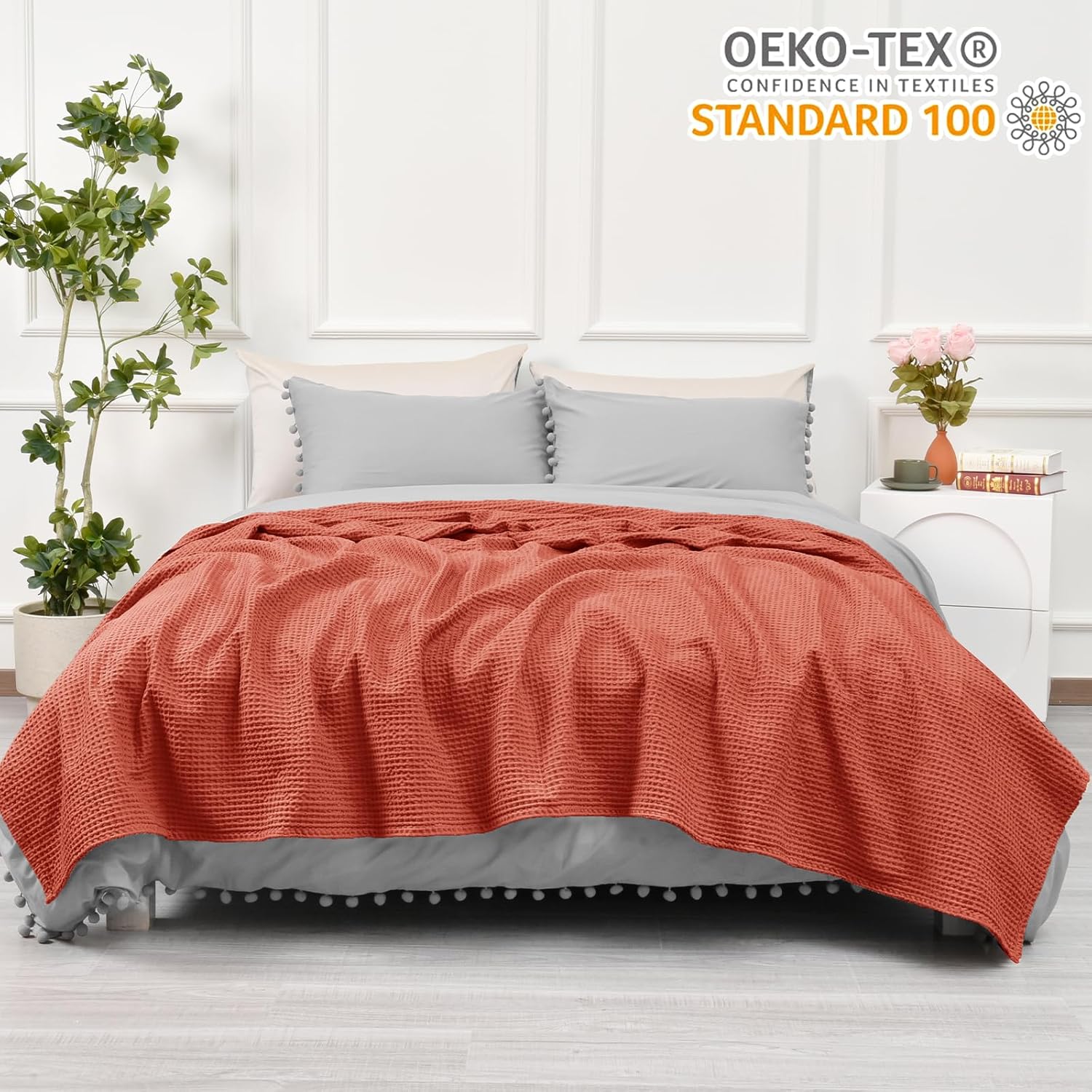PHF – Manta 100% algodón tejido gofre tamaño Queen 90 x 90 pulgadas, manta suave y transpirable prelavada, para todas las estaciones, capa perfecta