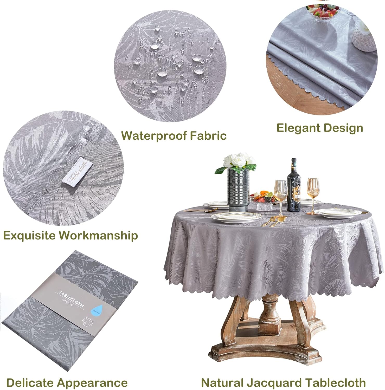 Mantel redondo de jacquard de 70 pulgadas, color gris, diseño de hojas, borde festoneado, suave, sedoso, impermeable, resistente a las arrugas,