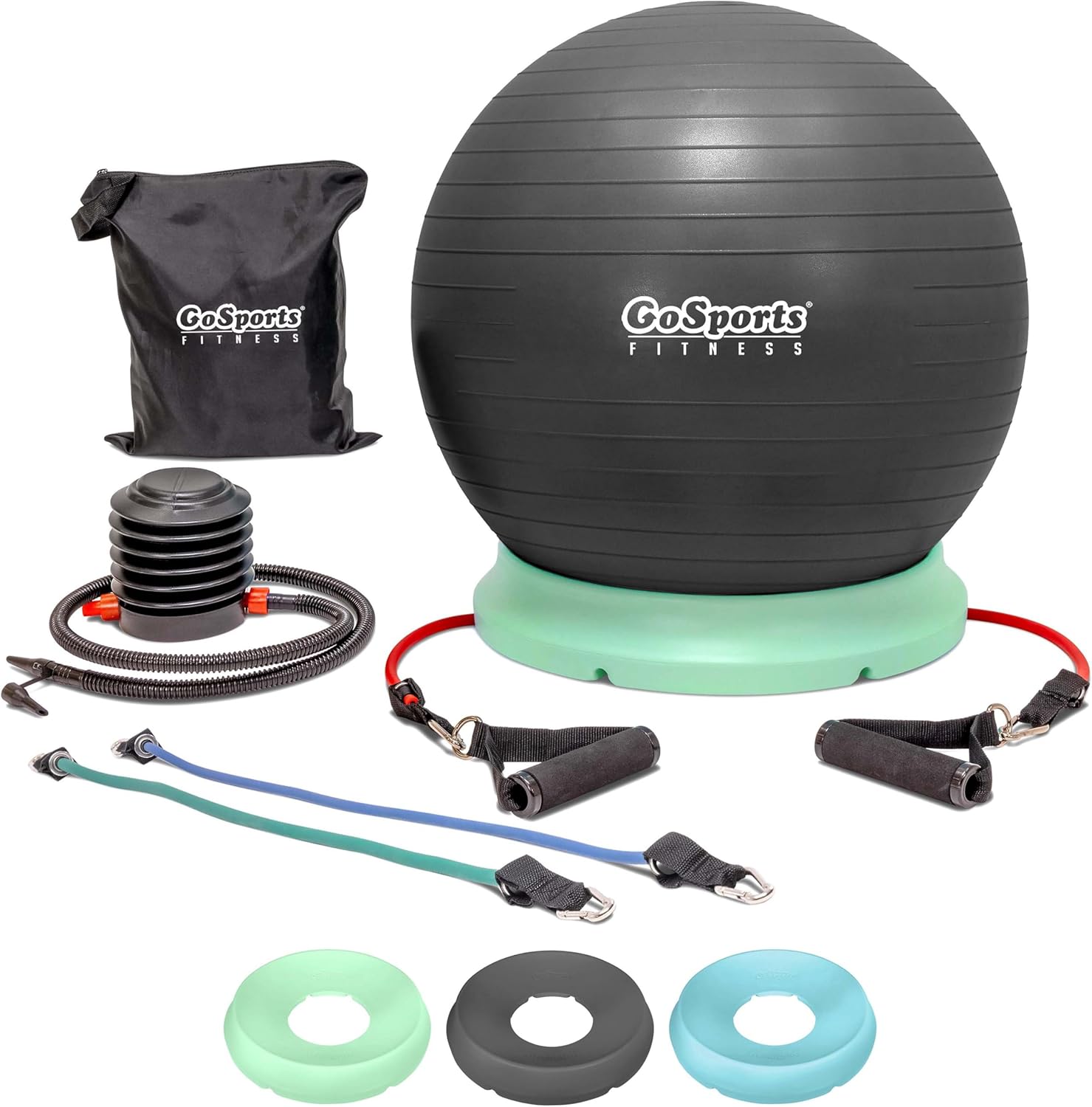 GoSports Hub 360 Base de pelota de yoga, soporte universal de estabilidad para pelotas de fitness, carbón, verde o azul