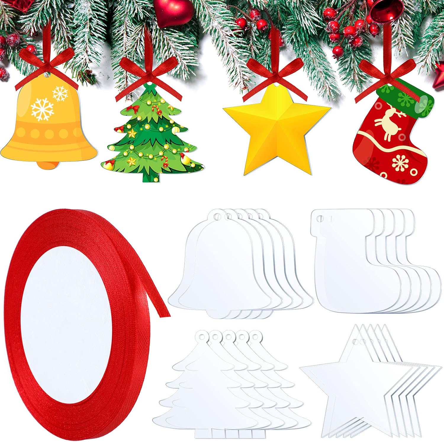 Adornos de Navidad de acrílico transparente de 3 pulgadas, medias de Navidad con forma de campana, adornos acrílicos para colgar con cinta para