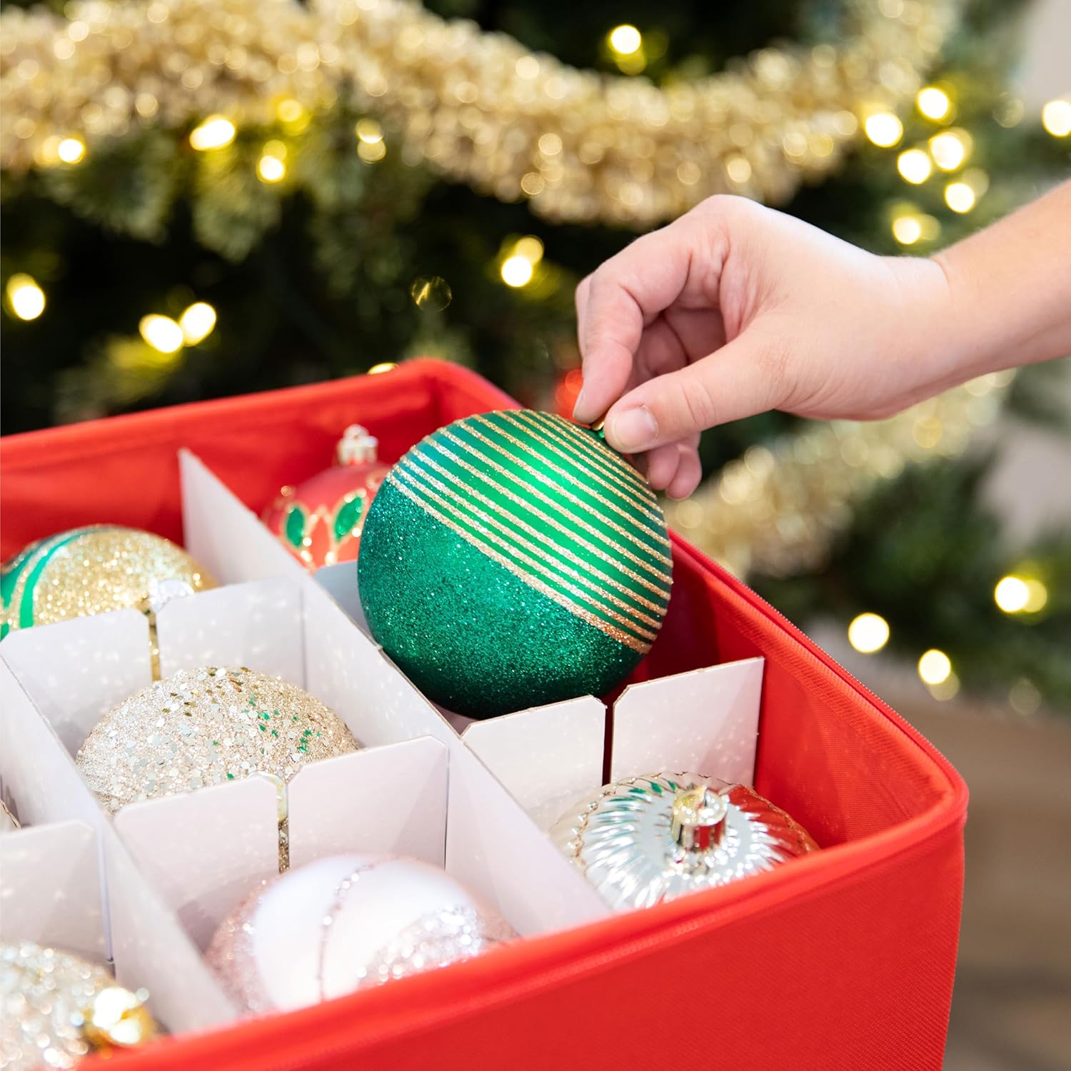 Contenedor de almacenamiento de adornos de Navidad con divisores, caja almacena adornos de hasta 54 a 4 pulgadas, con cremallera, conveniente,