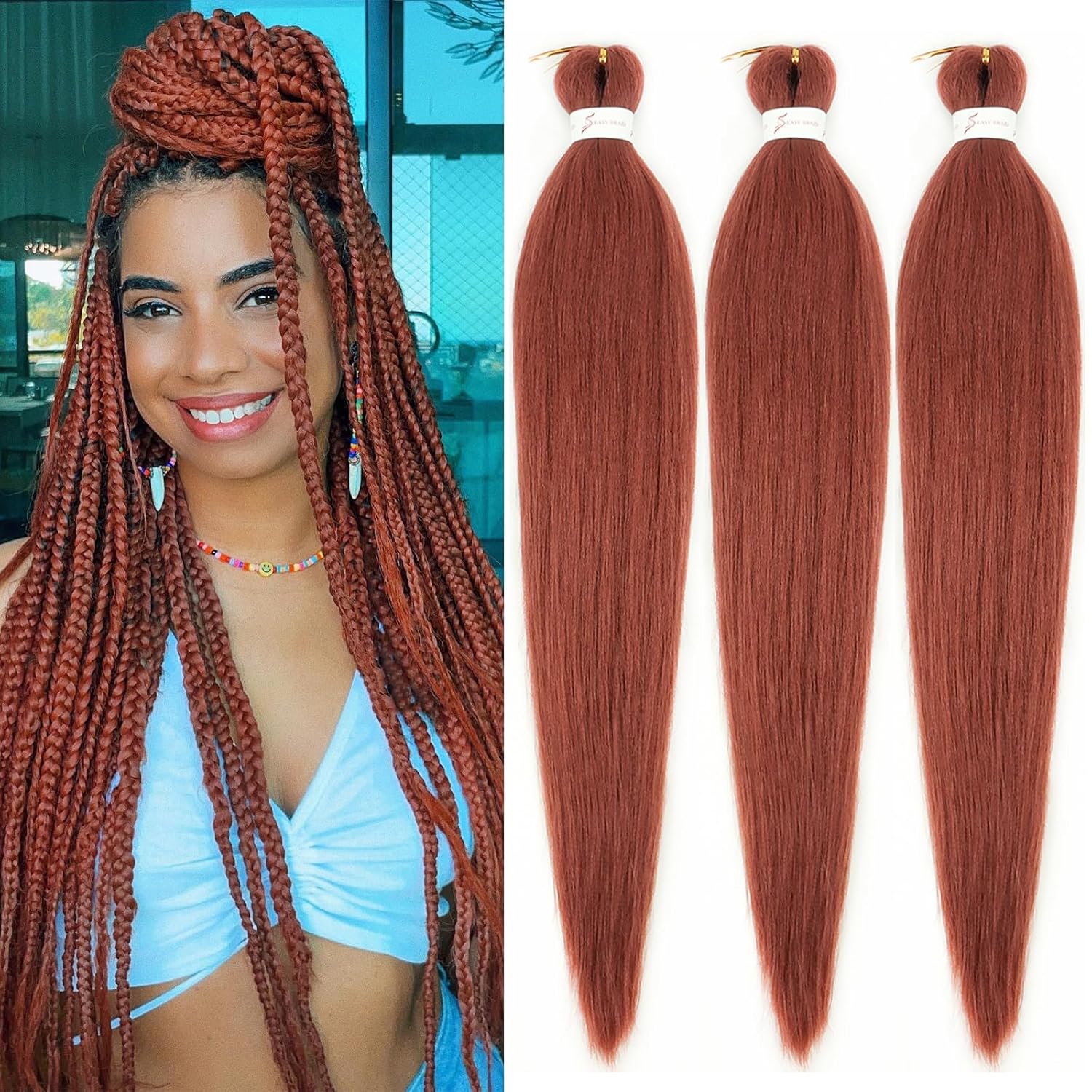Cabello trenzado de jengibre preestirado de 26 pulgadas, 3 paquetes de 350 # rojo cobre Kanekalon preestirado, cabello trenzado EZ, textura Yaki,