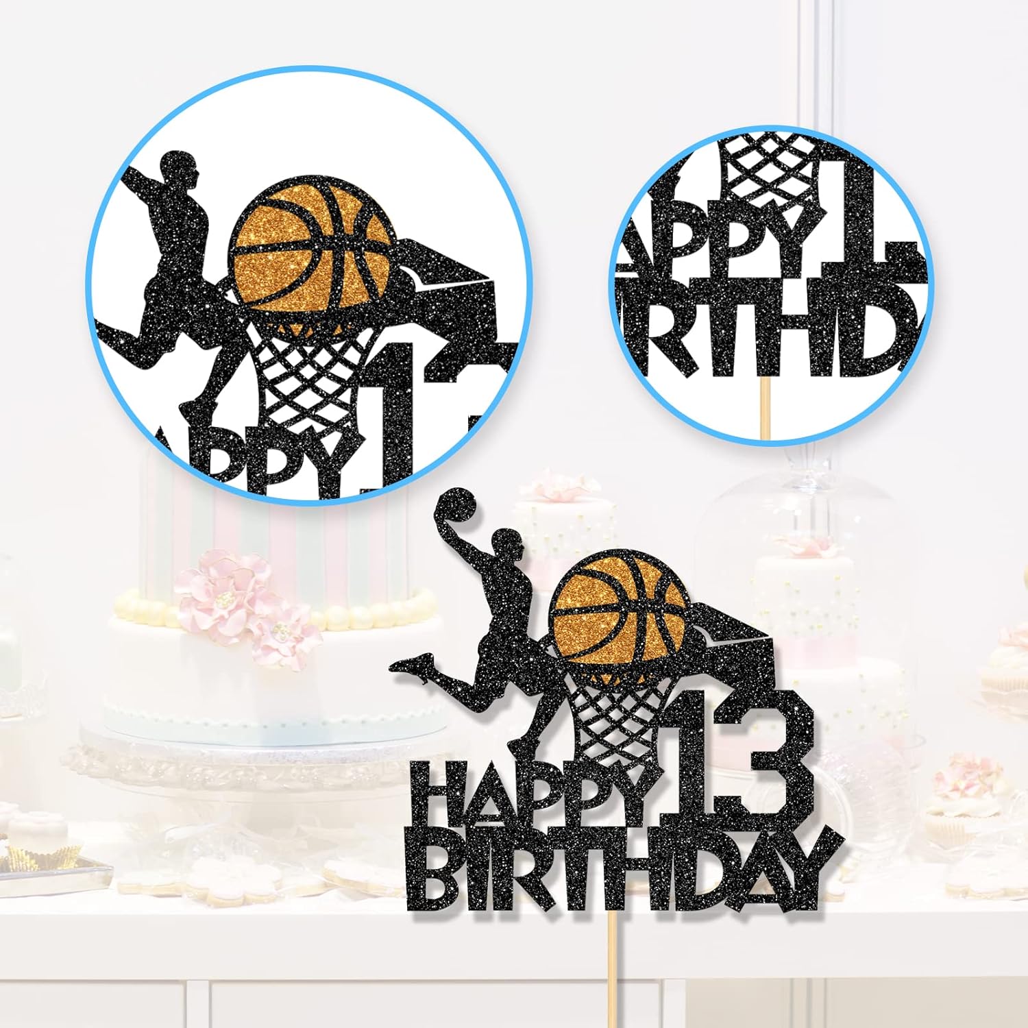 Decoración para pastel de baloncesto, decoración temática de baloncesto de cumpleaños número 13 para hombres y niños, suministros de fiesta de