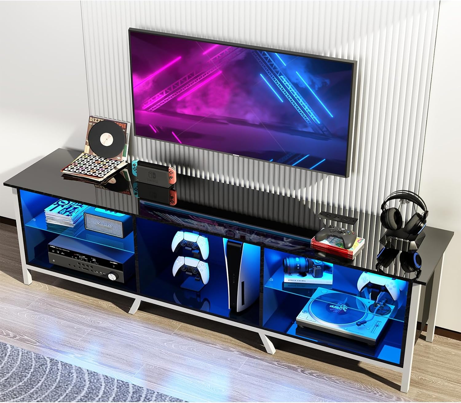 Vinctik 6&Fox Soporte de TV LED de 70 pulgadas para TV de 7580 pulgadas, soporte de TV negro brillante para sala de estar, moderno centro de