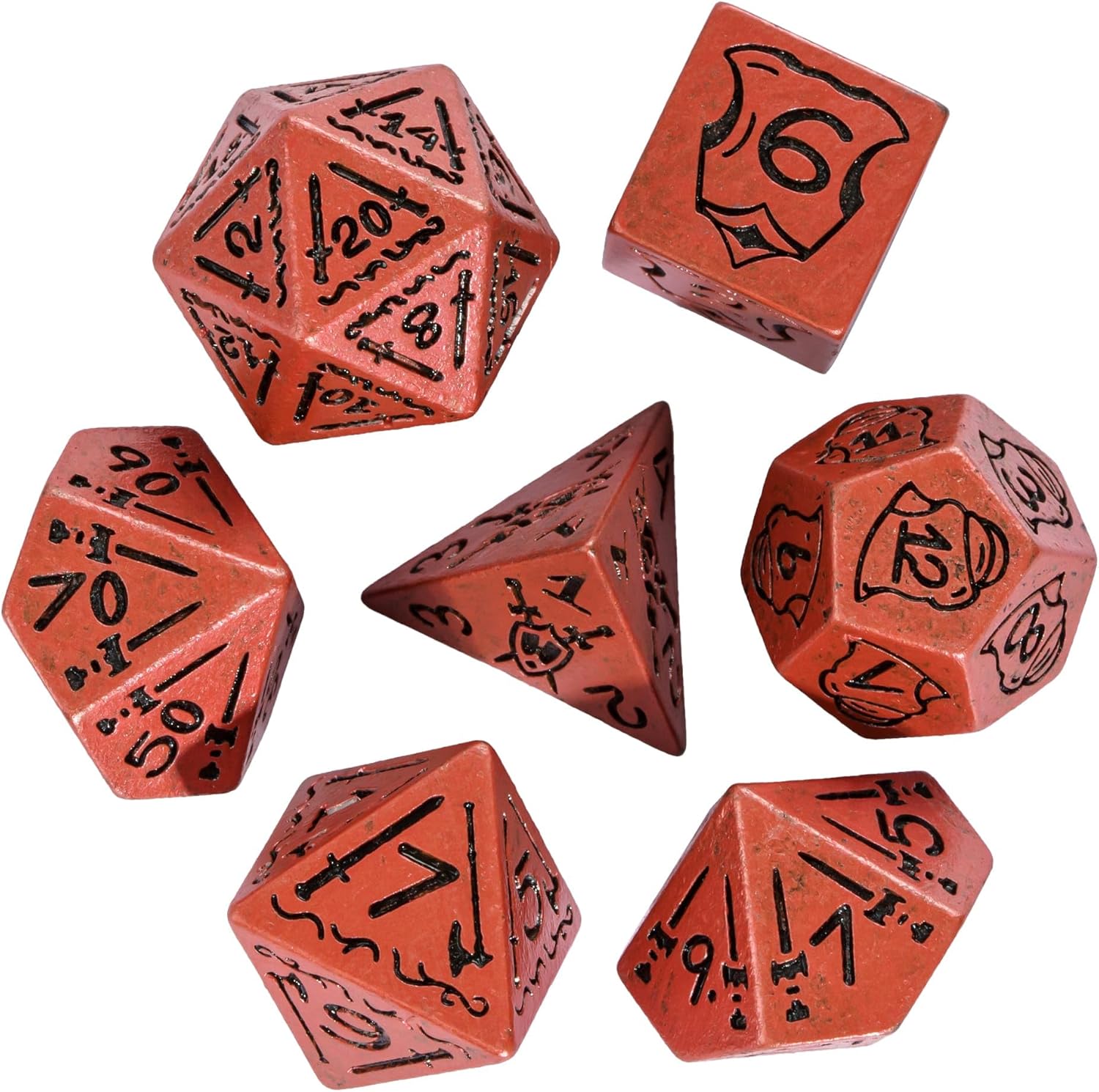 DND – Juego de dados poliédricos de 7 piezas con escudo y patrón de espada para juegos de rol de Calabozos y Dragones y juegos de mesa (naranja)
