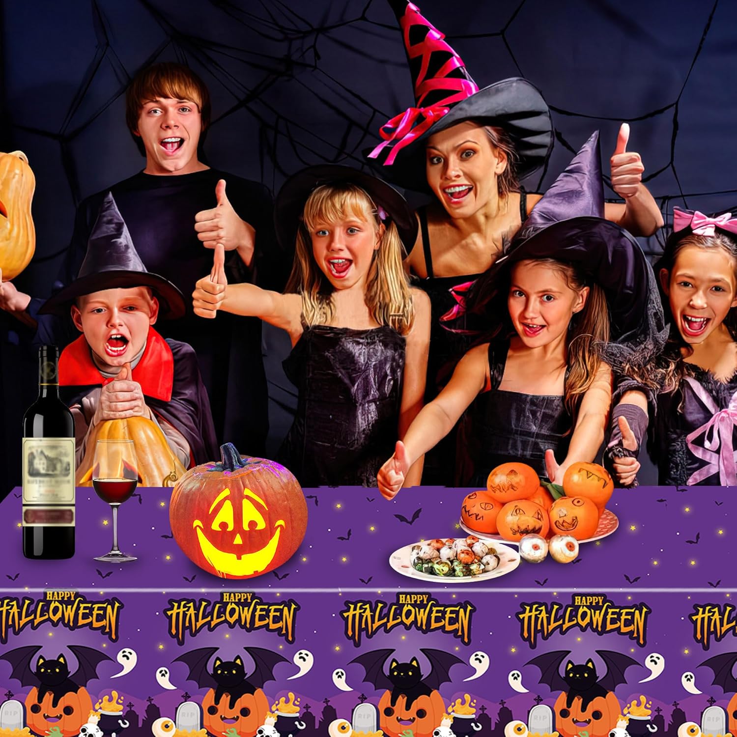 Mantel rectangular de Halloween, paquete de 2 manteles desechables de Halloween de 54 x 108 pulgadas, para niños, tela de araña y patrón de