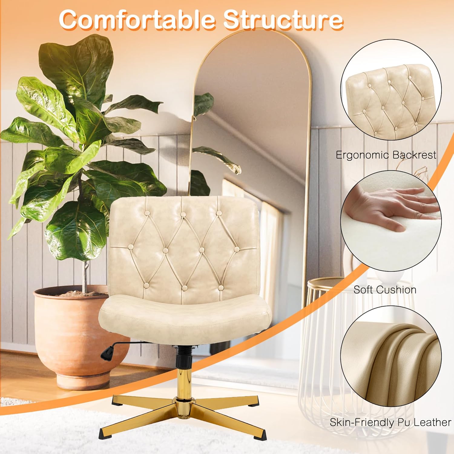 HomVent Silla de escritorio de oficina sin brazos sin ruedas, silla de escritorio acolchada de piel sintética, moderna silla de escritorio