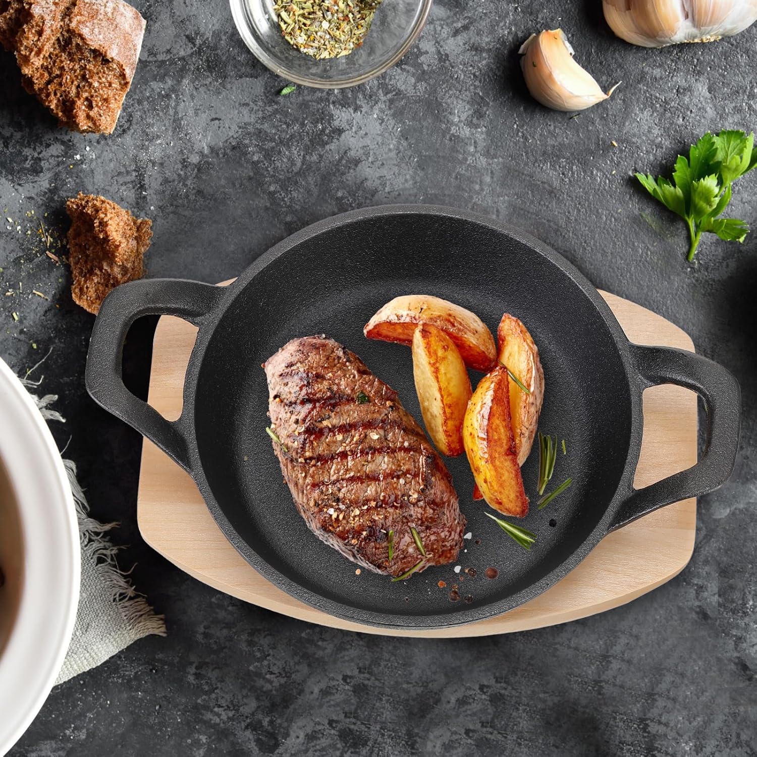 Sliner 4 juegos de mini sartén de hierro fundido, mini platos chisporroteadores con base de madera, sartén pequeña redonda de hierro fundido Fajita,