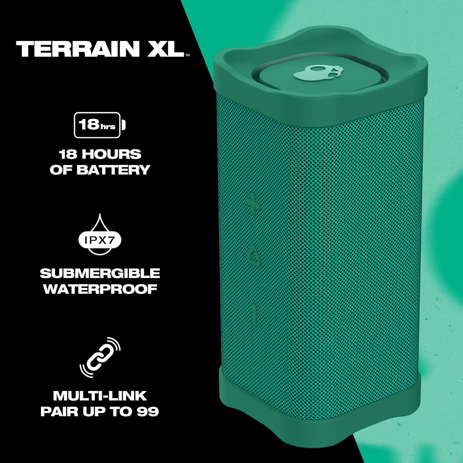 Terrain XL Altavoz Bluetooth inalámbrico – IPX7 impermeable altavoz portátil, batería de 18 horas, muñequera de nailon, verdadero estéreo inalámbrico